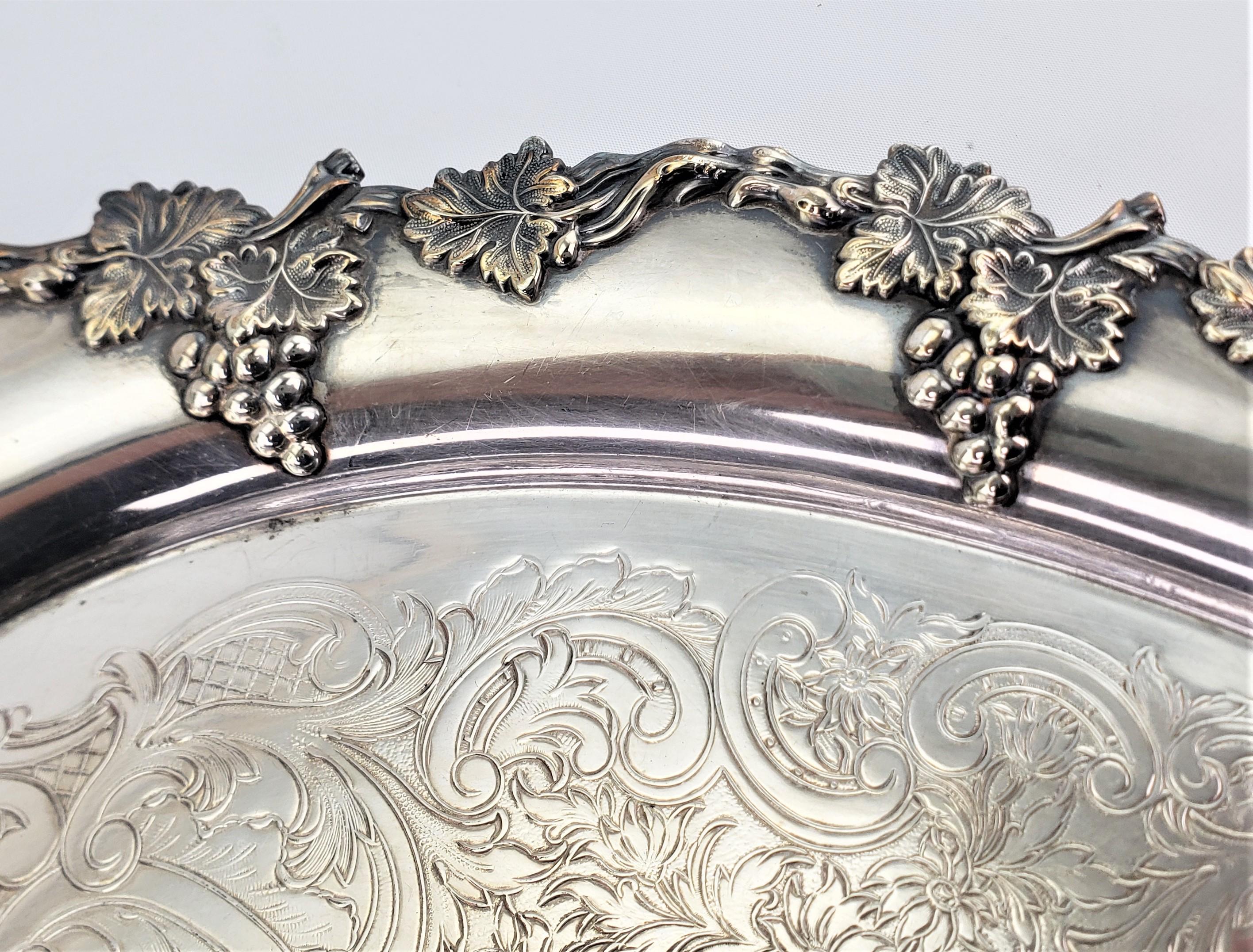 Machine-Made Antique Oval English Silver Plated Serving Tray with Grape and Leaf Decoration