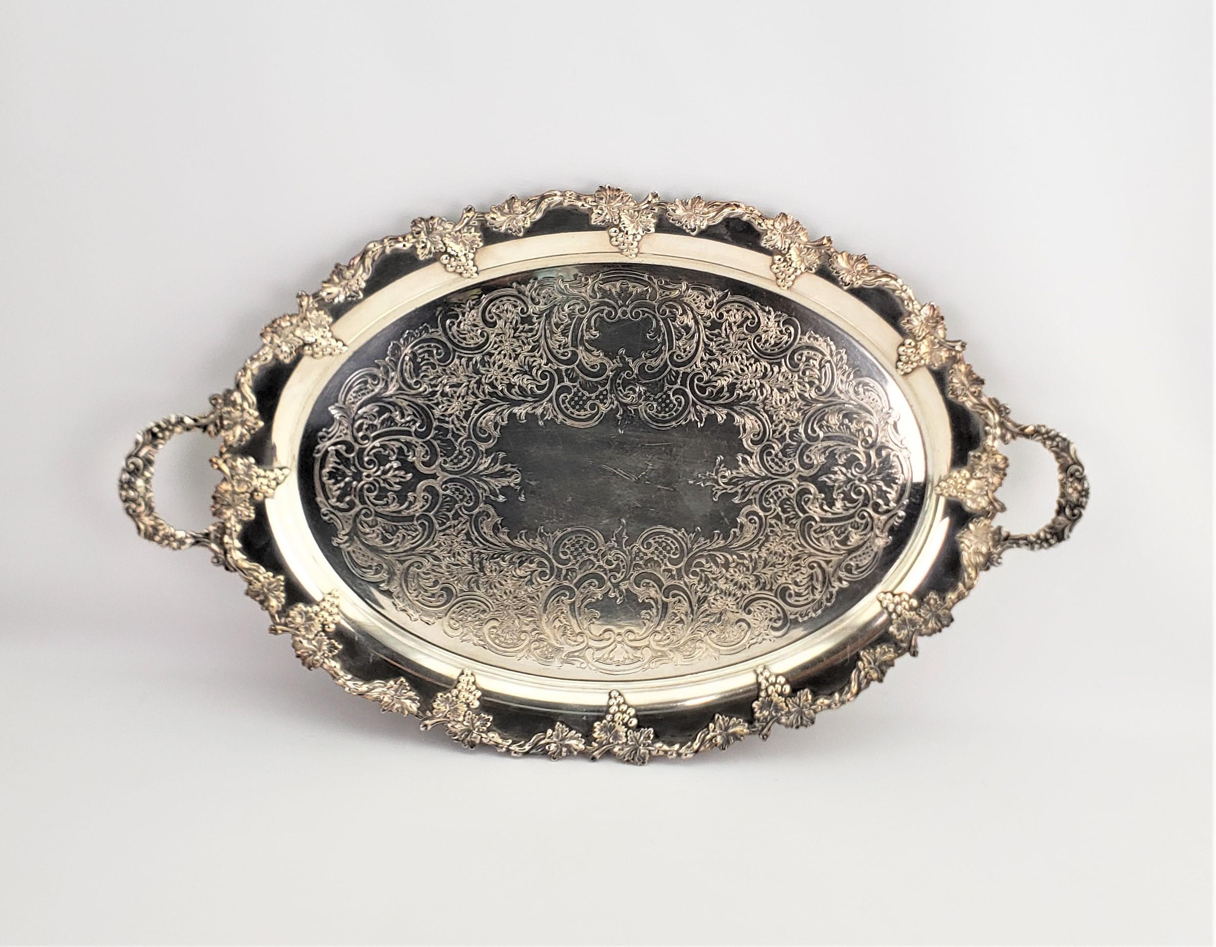 Antique Oval English Silver Plated Serving Tray with Grape and Leaf Decoration In Good Condition In Hamilton, Ontario