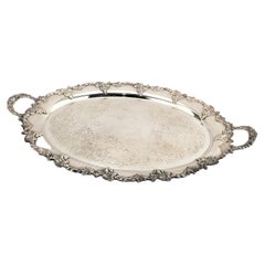 Antique Oval English Silver Plated Serving Tray with Grape and Leaf Decoration