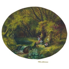 Antique Oval European Figural Landscape Oil Painting on Canvas 28"