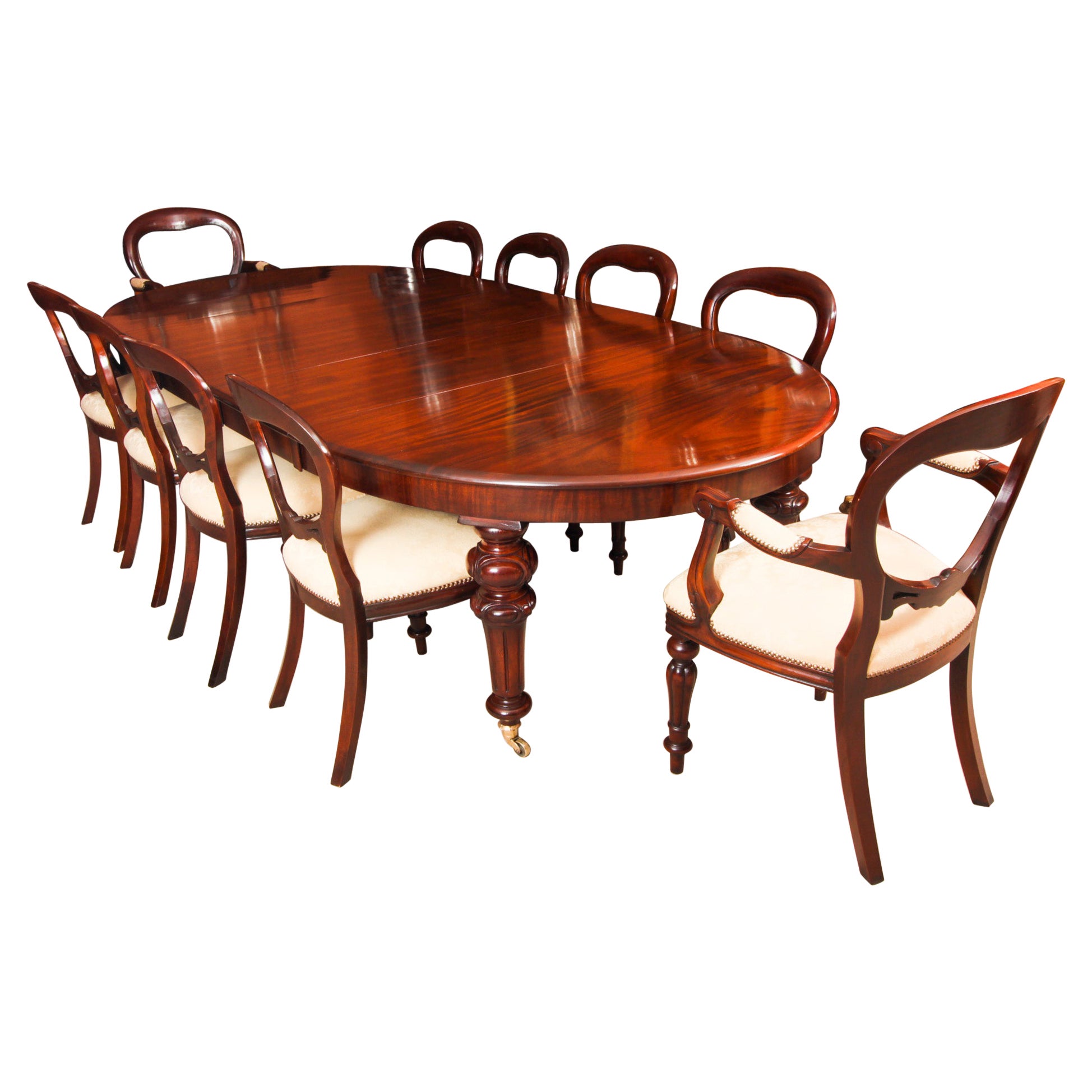 Antique Oval Extending Dining Table 19th C & 10 Balloon Back Dining Chairs