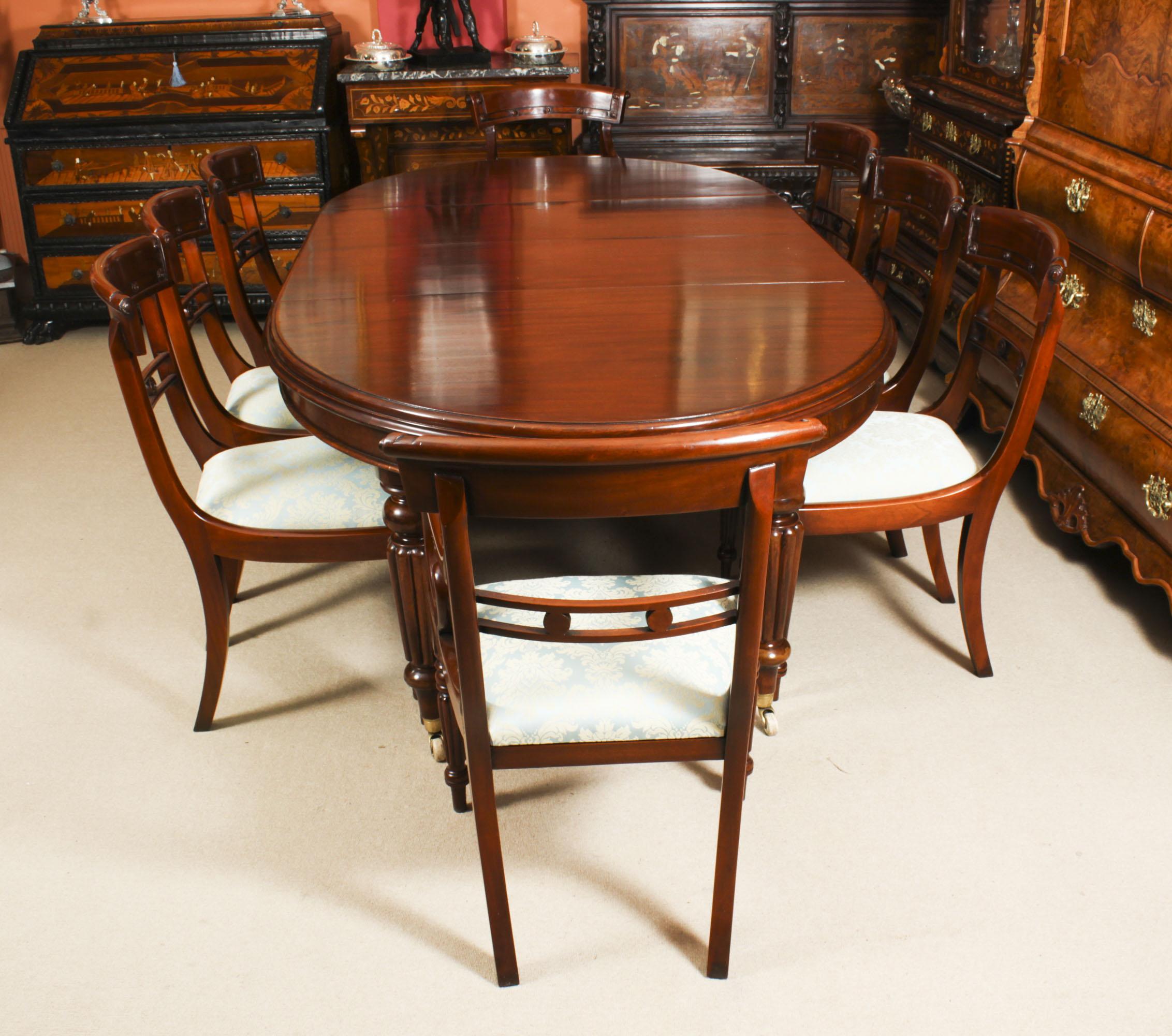This is a fabulous antique Victorian oval mahogany extending dining table, circa 1860 in date and eight Regency Revival dining chairs. 

The table has two original leaves and can comfortably seat eight. It has been hand-crafted from solid mahogany