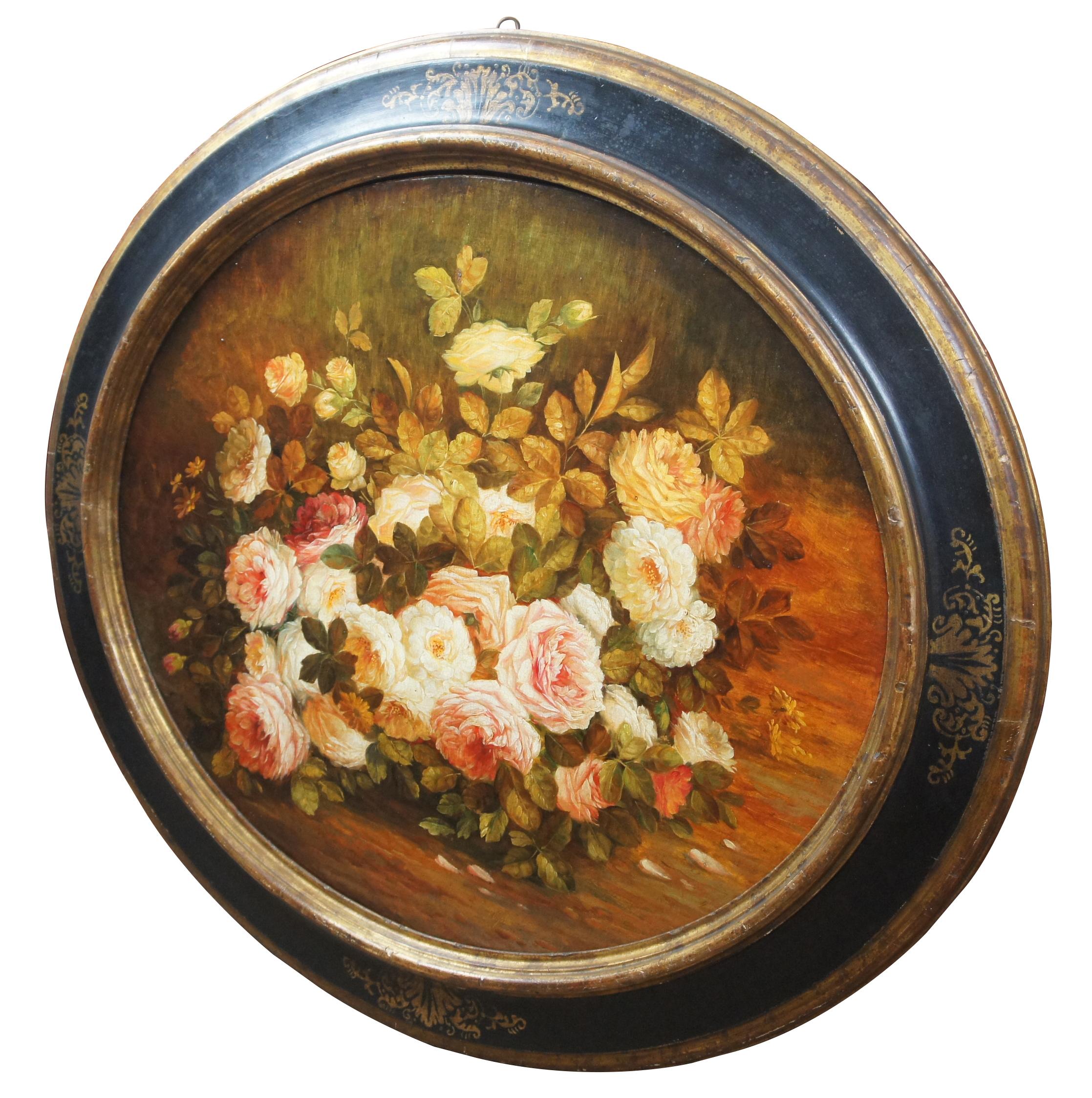 Antique oval floral still life oil painting on canvas by F. Vgolini Italian 41