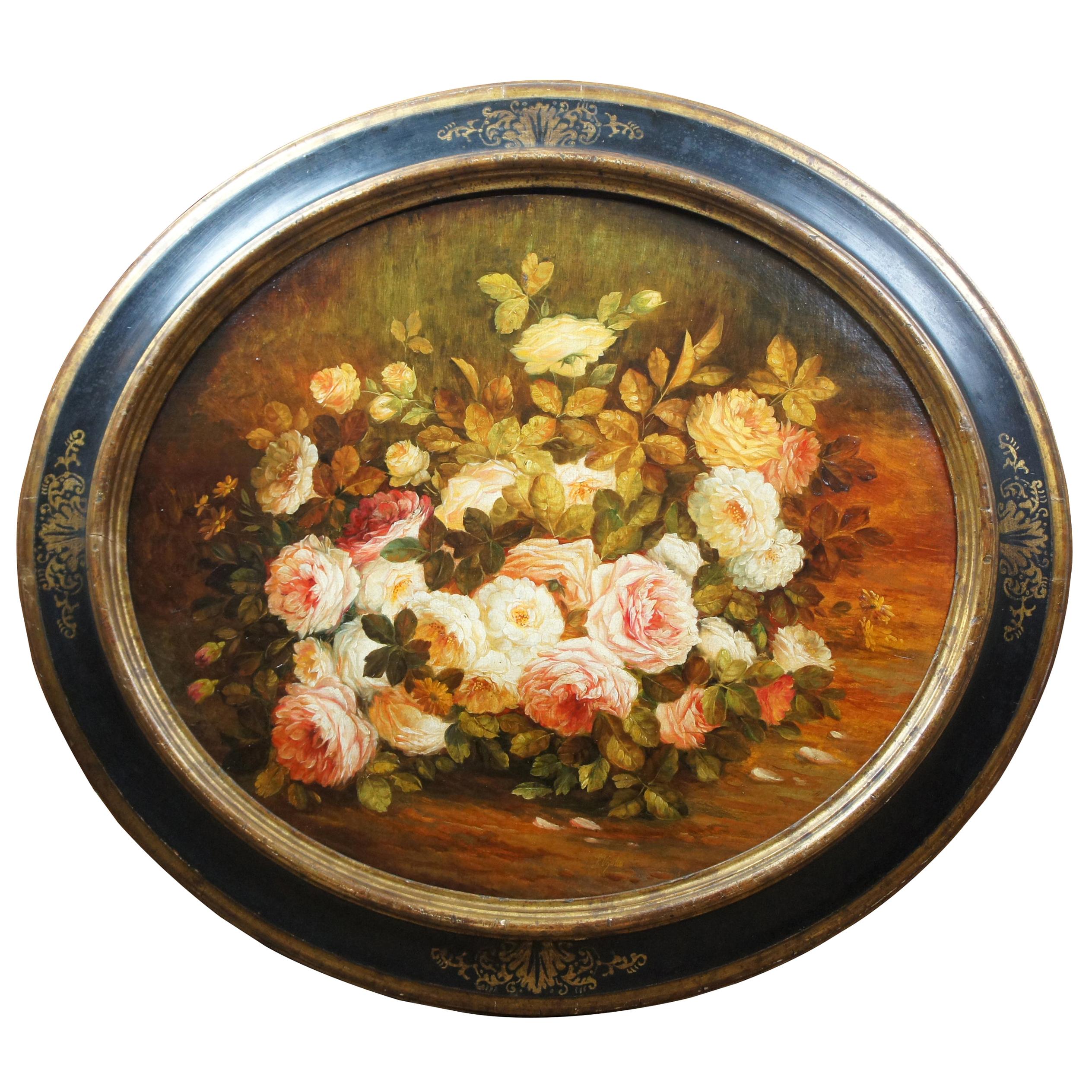 Antique Oval Floral Still Life Oil Painting on Canvas by F. Vgolini Italian