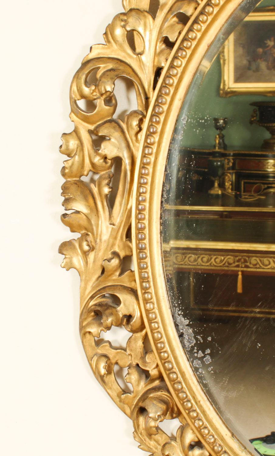 Carved Antique Oval Florentine Giltwood Mirror 19th Century 120x92cm For Sale