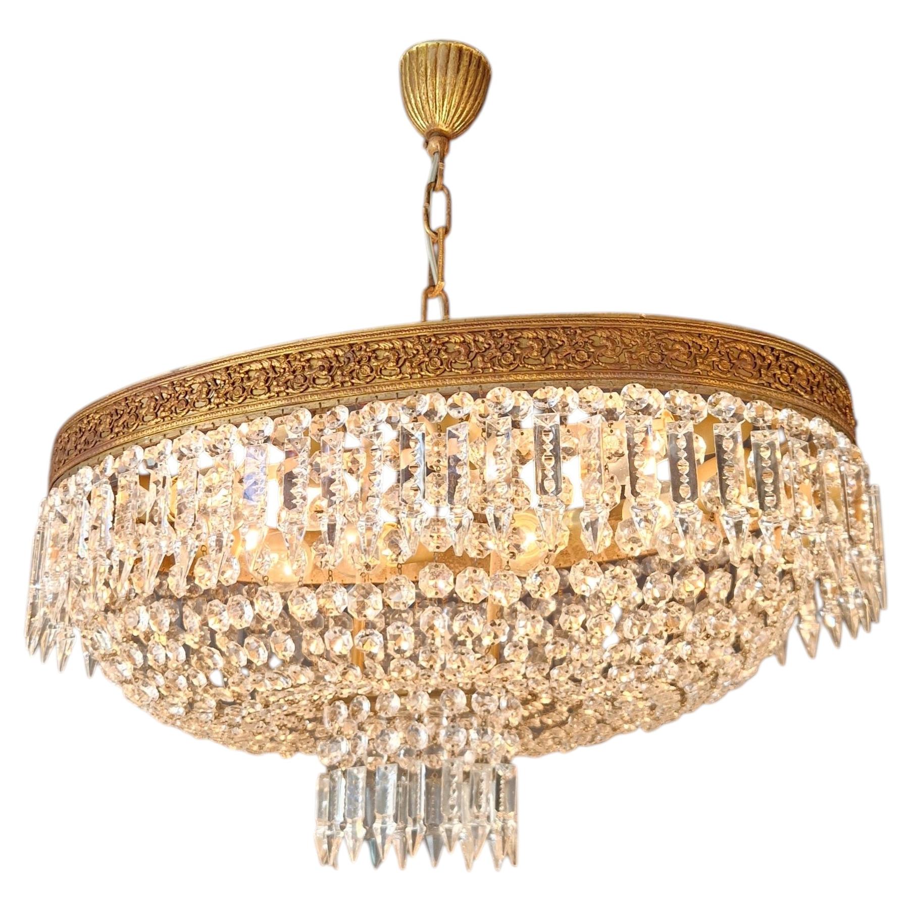 Antique Oval Flush Mount Chandelier Brass Crystal Ceiling Light Restored Gold