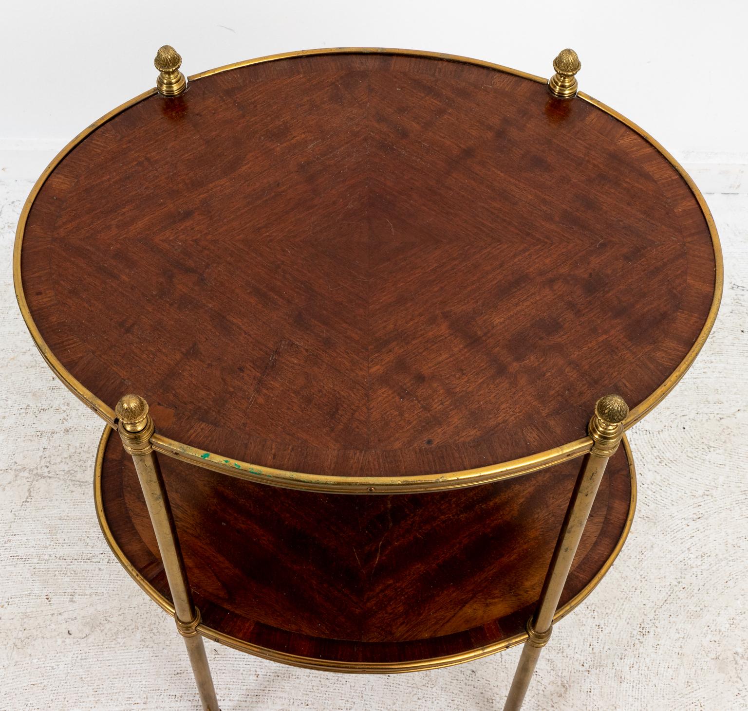 English Antique Oval Fruitwood and Brass Two Tiered Side Table