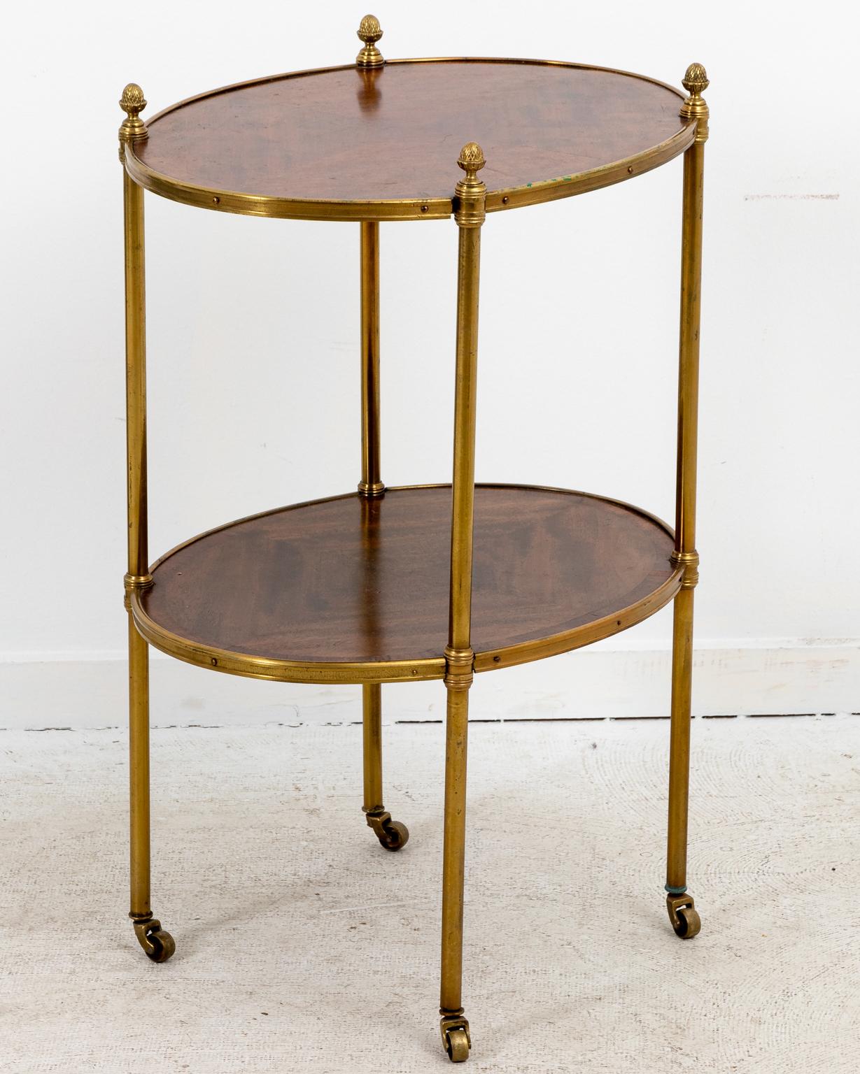 Antique Oval Fruitwood and Brass Two Tiered Side Table 1