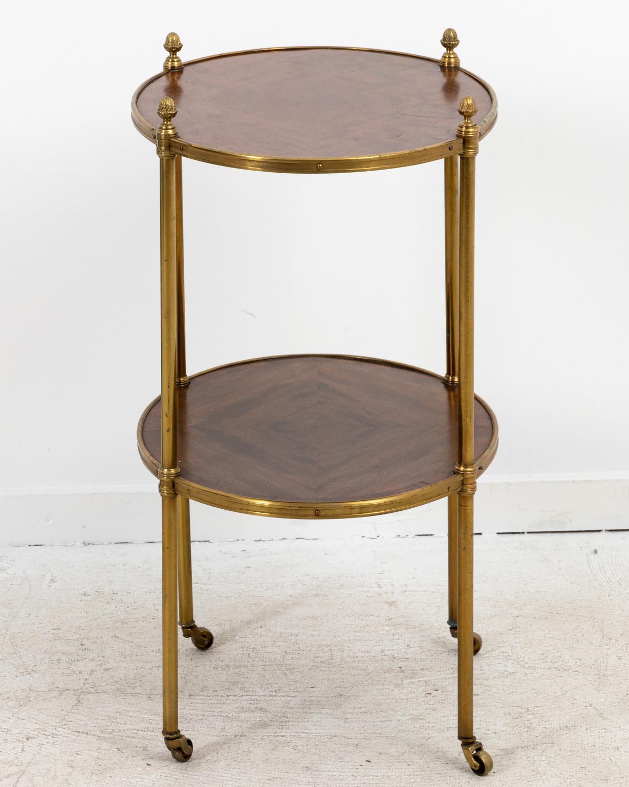 Antique Oval Fruitwood and Brass Two Tiered Side Table 2