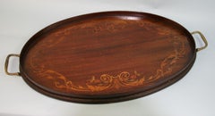 English Antique Oval Inlaid Serving Tray,  Mahogany, Brass, Tea Platter