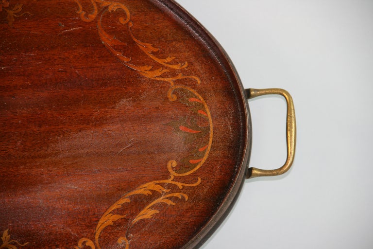 Ancien Plateau De Service Bar Ovale Acajou Incrusté Urne - Style Edwardian Angleterre