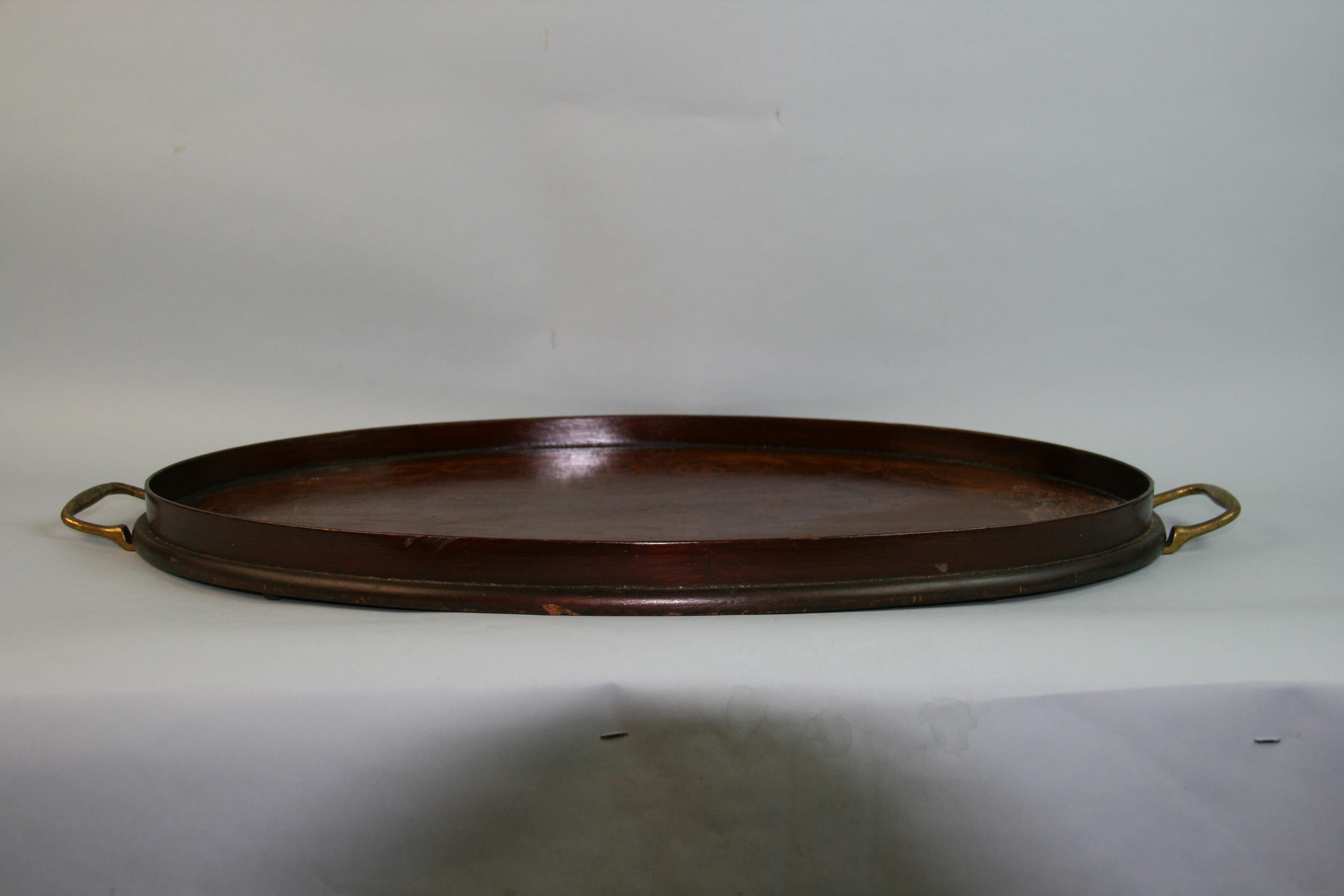 Early 20th Century English Antique Oval Inlaid Serving Tray,  Mahogany, Brass, Tea Platter For Sale