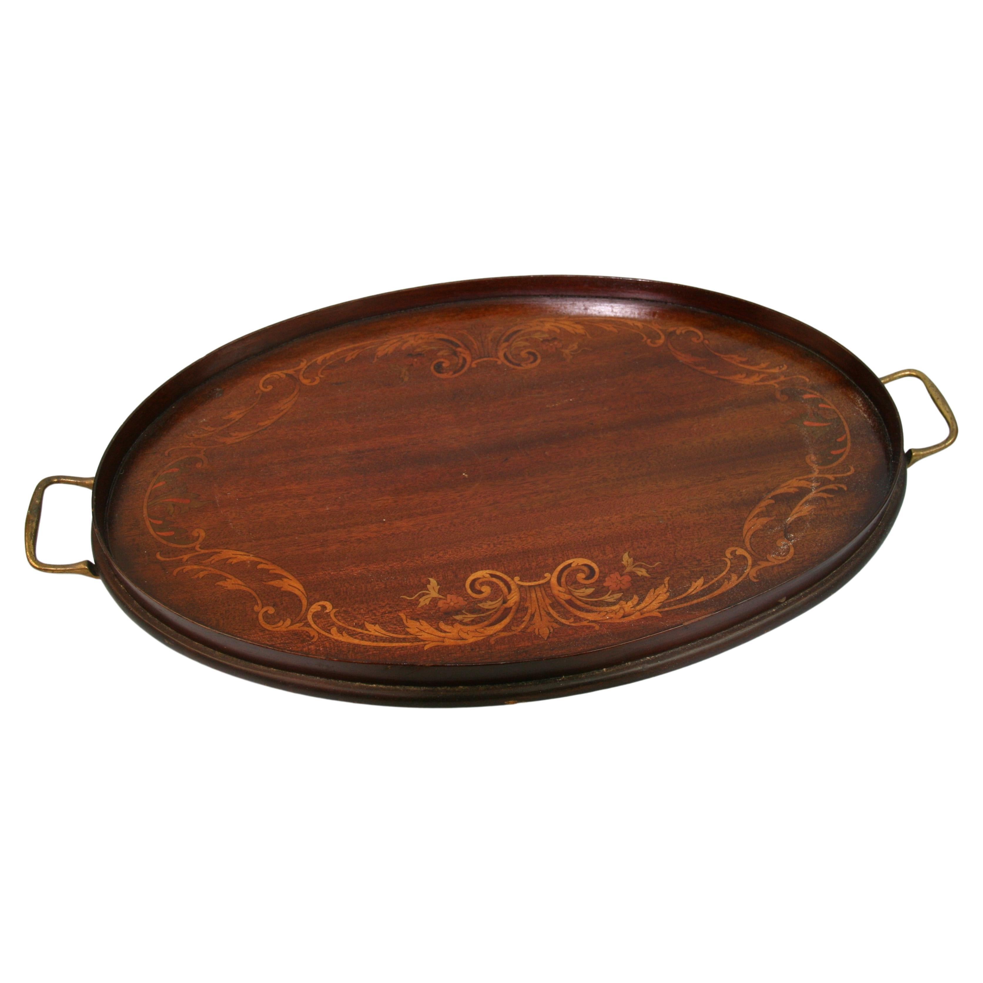 English Antique Oval Inlaid Serving Tray,  Mahogany, Brass, Tea Platter For Sale