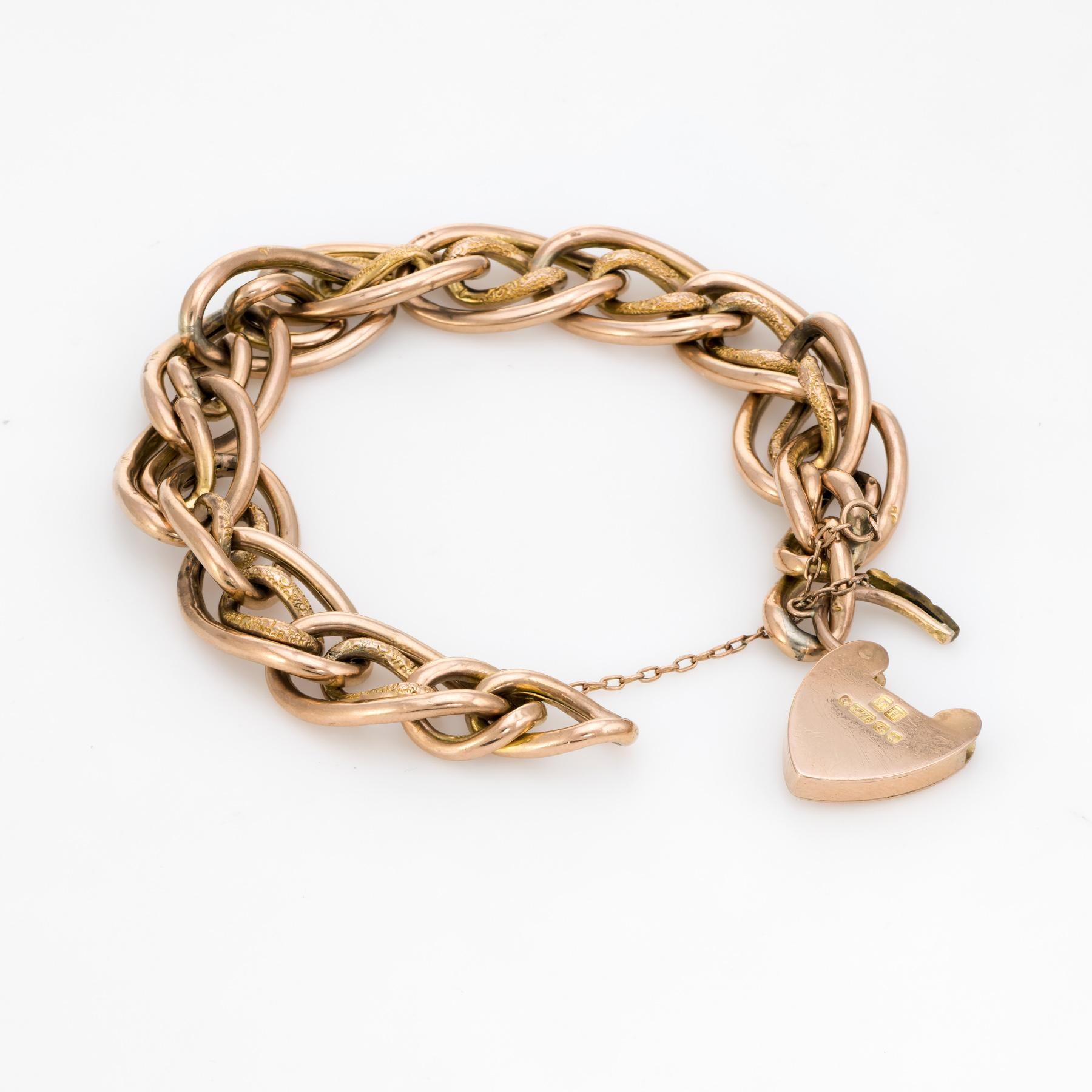 Women's Antique Oval Link Bracelet Edwardian 9 Karat Rose Gold Day Night Heart Padlock