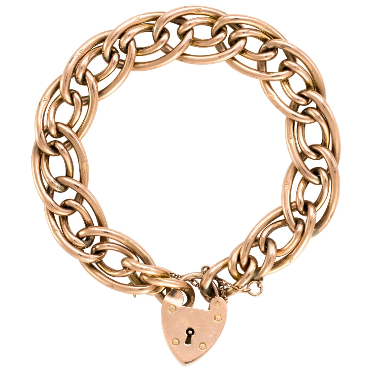 Antique Oval Link Bracelet Edwardian 9 Karat Rose Gold Day Night Heart Padlock