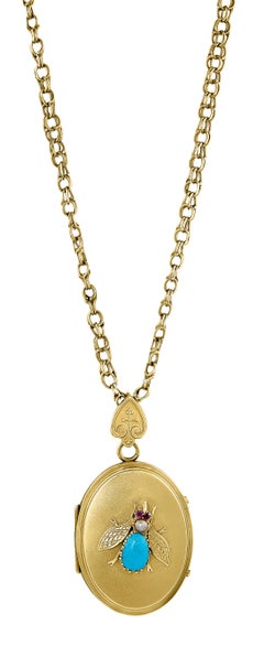 Antique Oval Locket Bee Design Comprised of Turquoise, Ruby and Pearl in 14kt