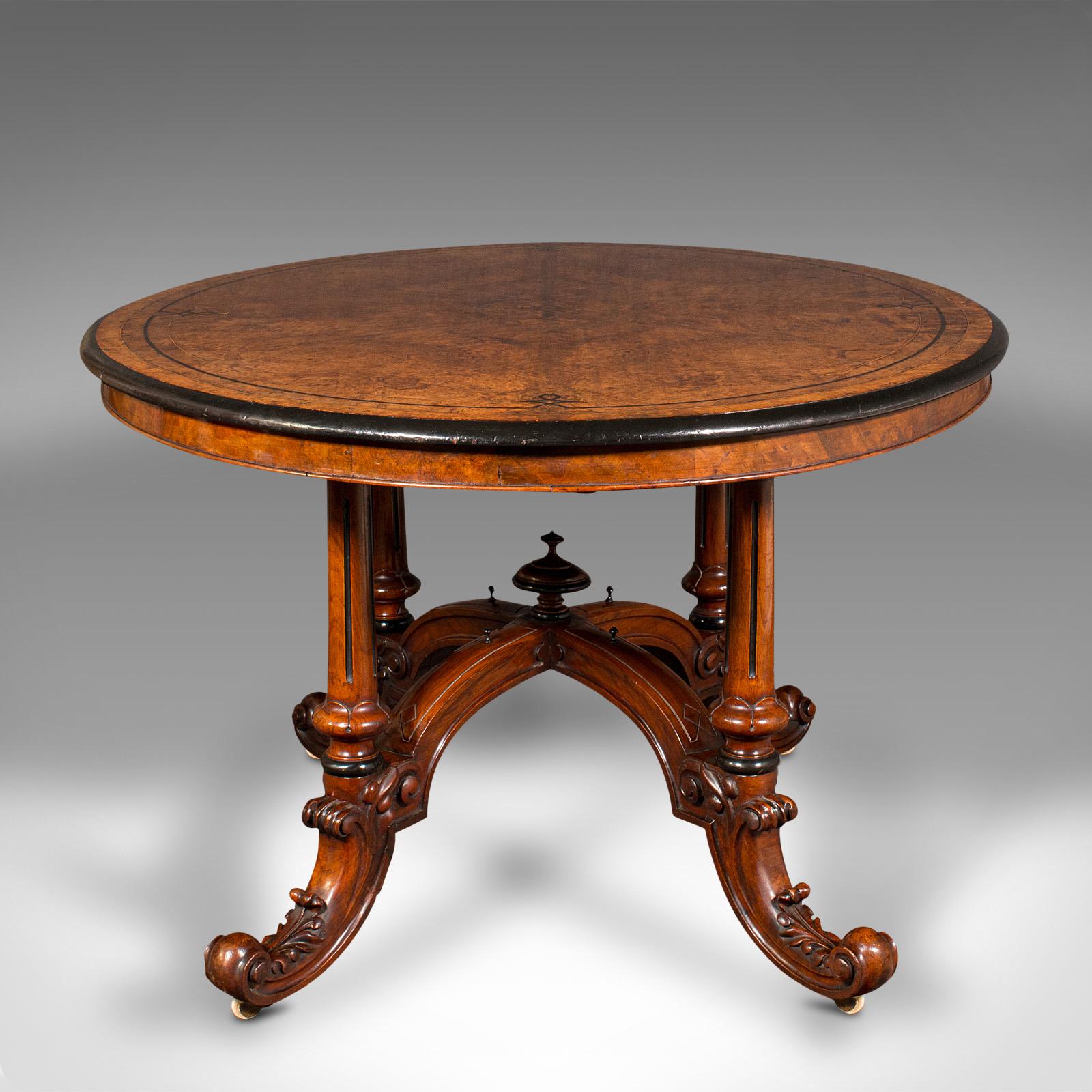 British Antique Oval Looe Table, English, Walnut, 4 Seat, Centrepiece, Early Victorian For Sale