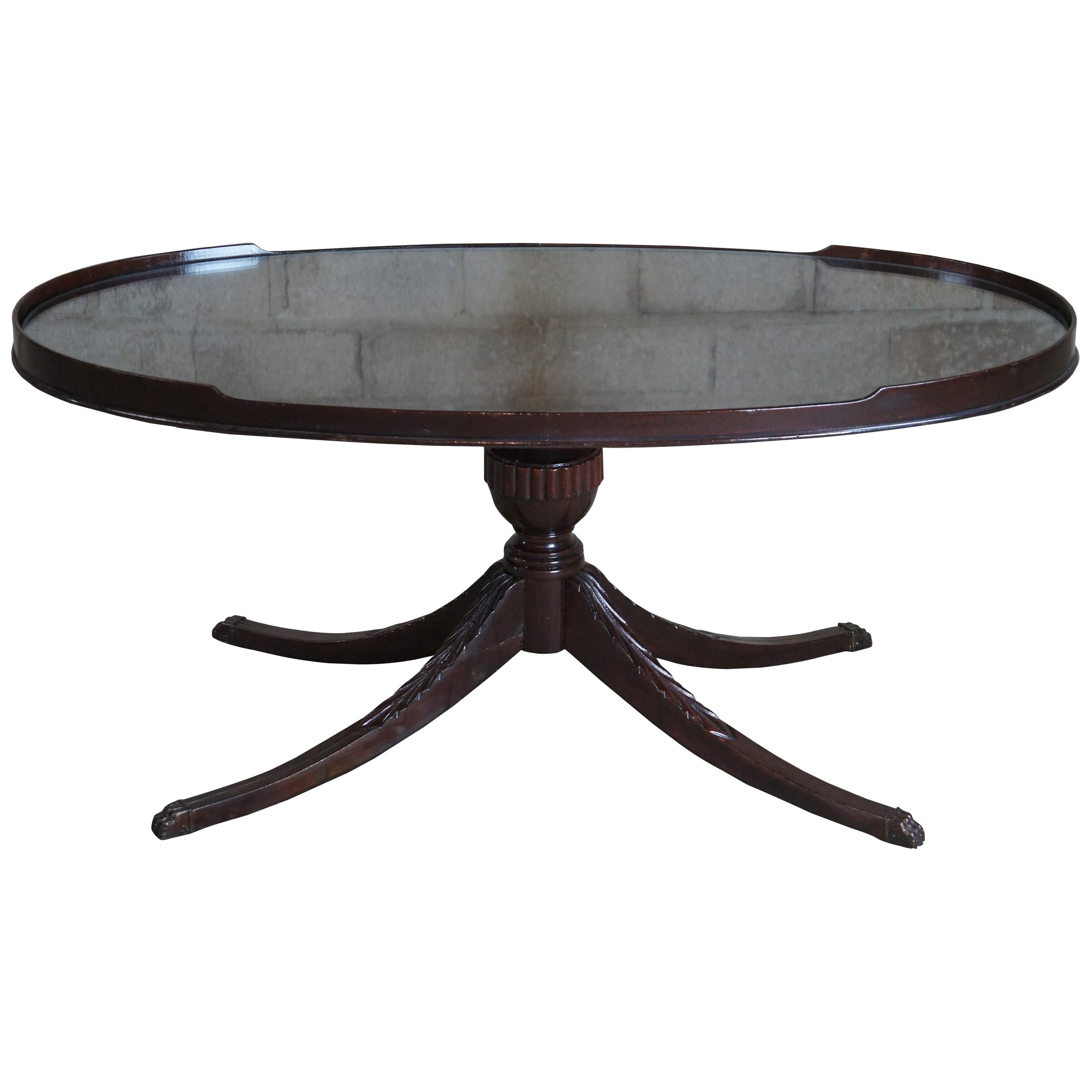 Antique Oval Mahogany Duncan Phyfe Pedestal Coffee Tea Table w Glass Top