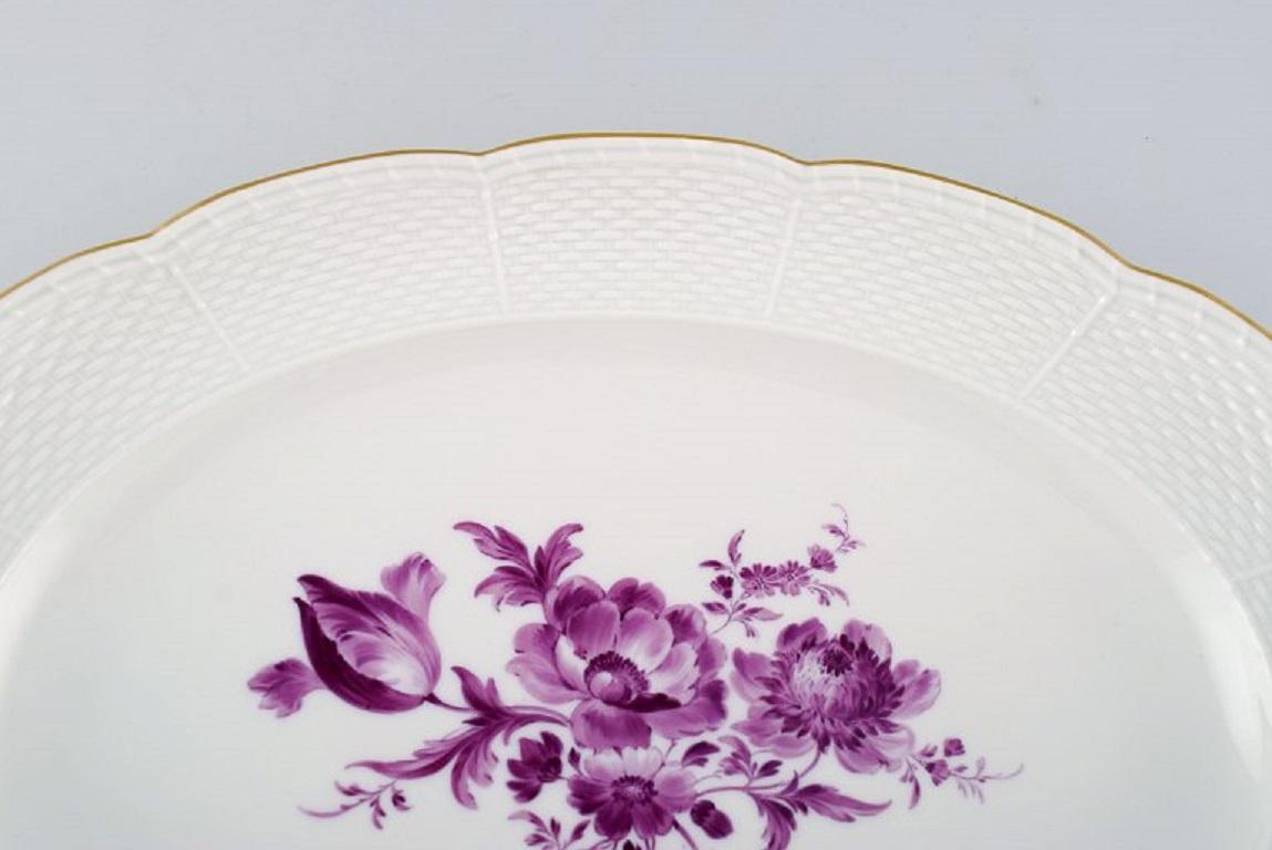 German Antique Oval Meissen Serving Dish in Hand Painted Porcelain with Purple Flowers