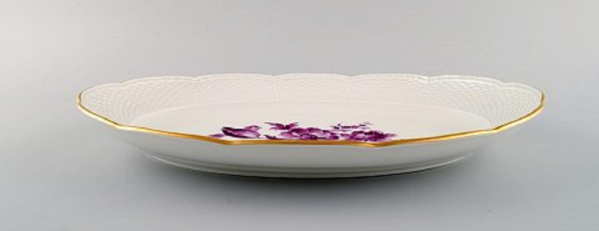 Hand-Painted Antique Oval Meissen Serving Dish in Hand Painted Porcelain with Purple Flowers