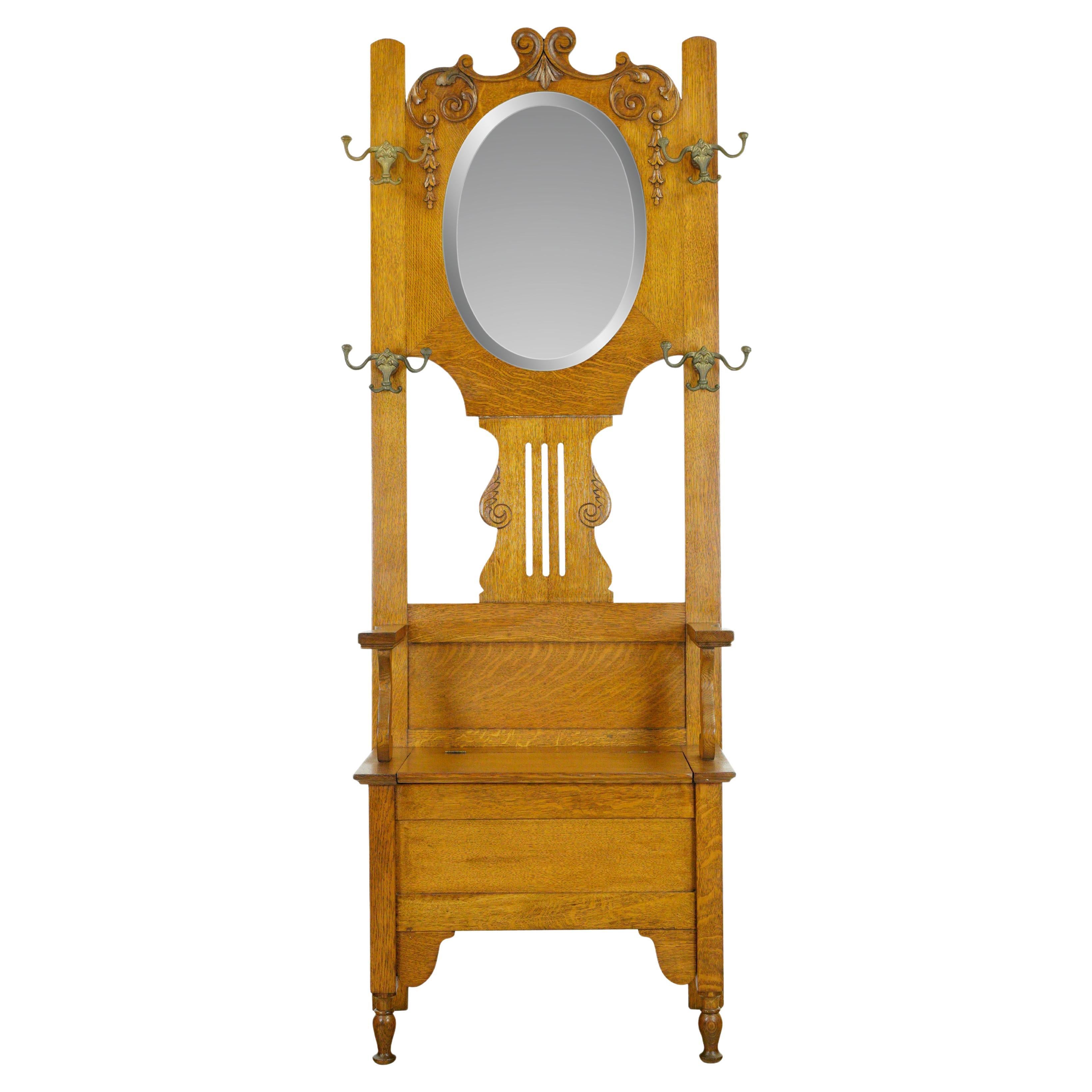 Antique Oval Mirror 4 Hook Storage Seat Oak Hall Tree For Sale