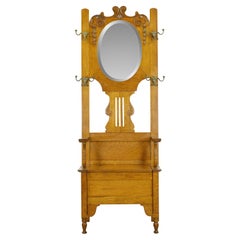 Antique miroir ovale à 4 crochets de rangement siège de rangement en chêne