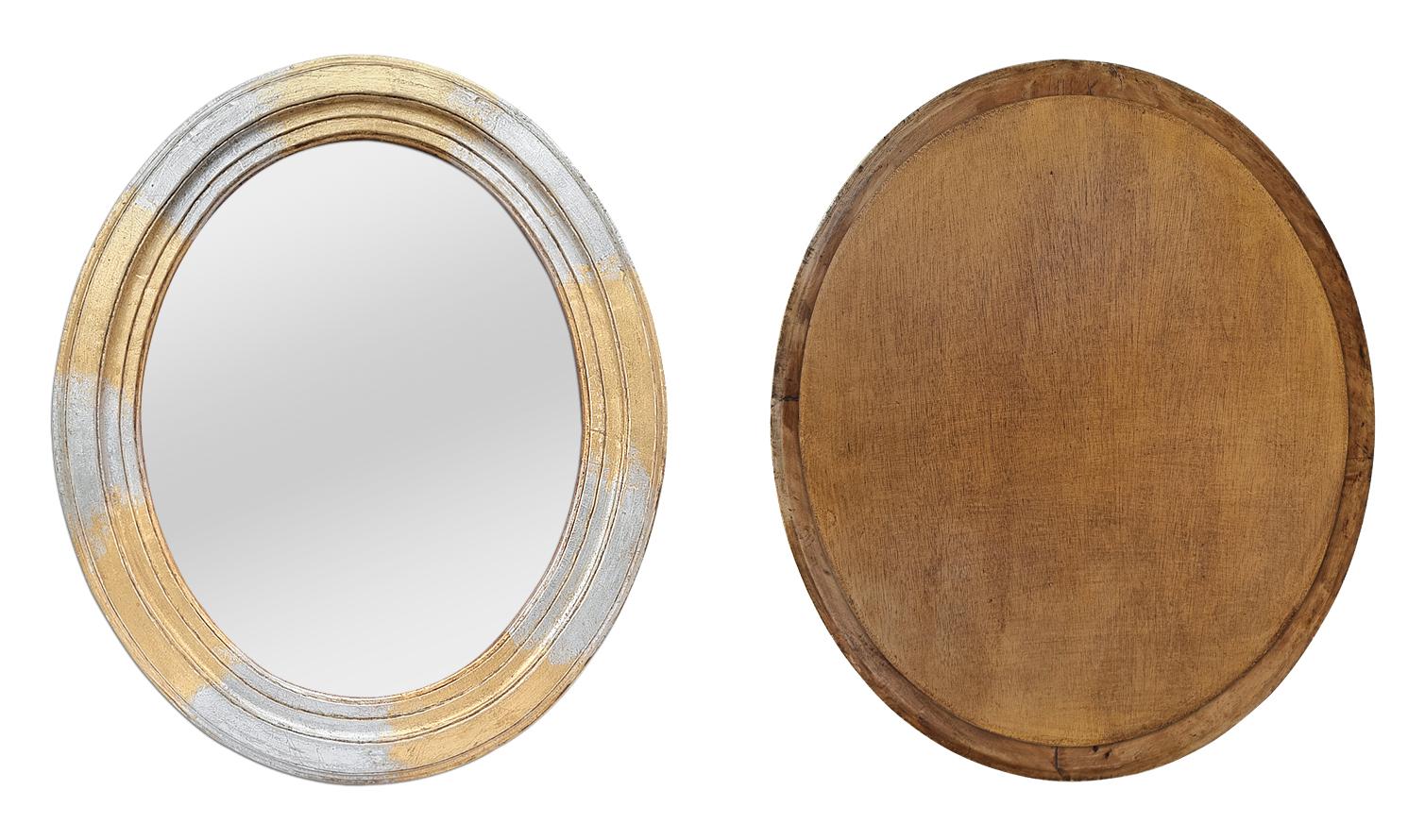 Milieu du XXe siècle Miroir ovale ancien, bois d'argent et bois doré, années 1950 en vente