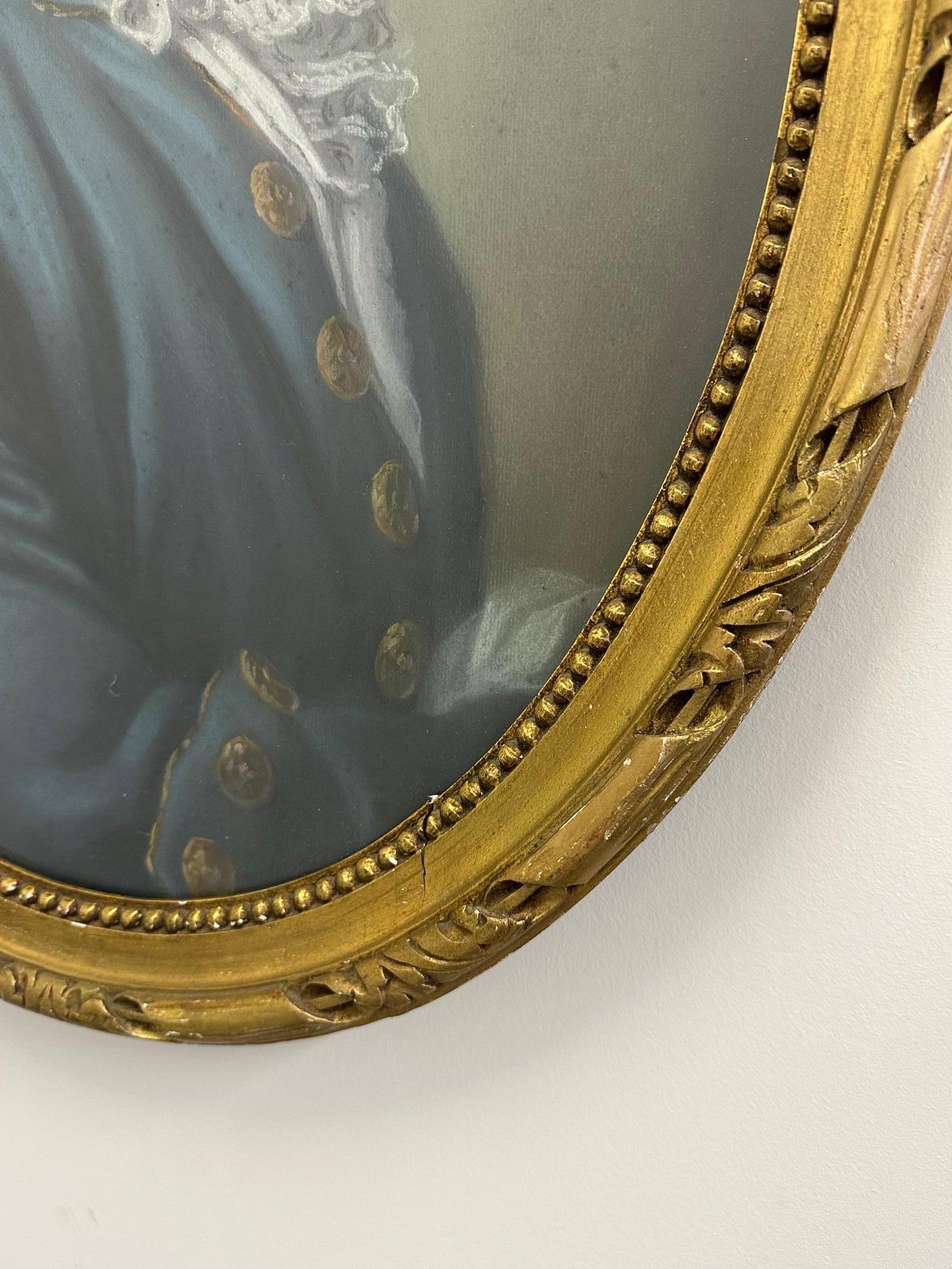 A character rich rendering in pastel of a well dressed 19th century gentleman having powdered wig and fancy jabot around his neck. The oval shape gives it a special allure and the carved wood frame compliments the work of art.