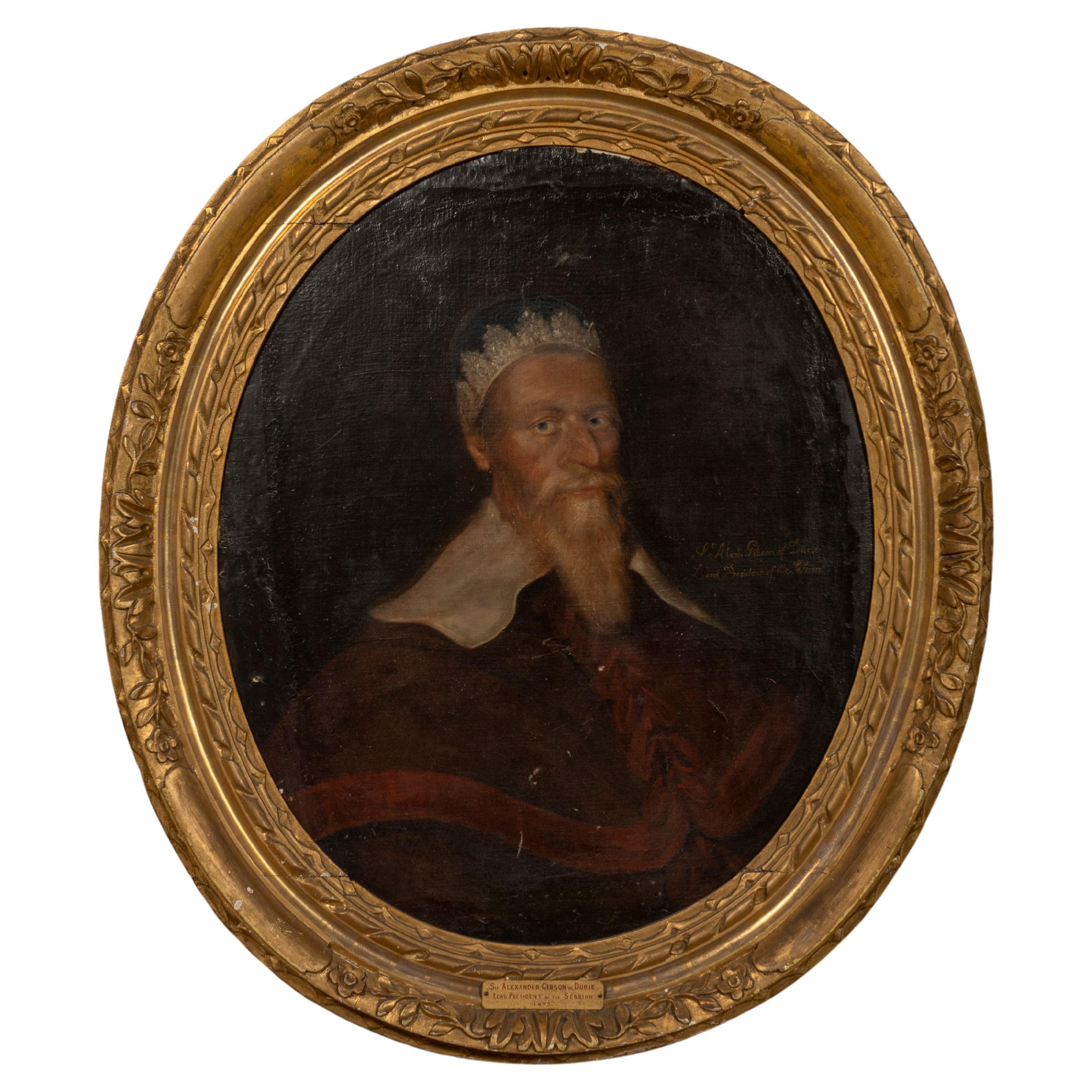 Portrait ovale ancien de Sir Alexander Gibson, huile sur toile, encadré en bois