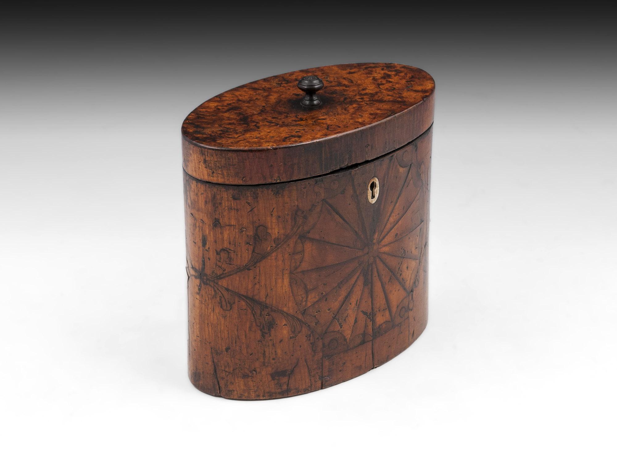 George III Antique Oval Satinwood and Burr Elm Tea Caddy, 18th Century For Sale