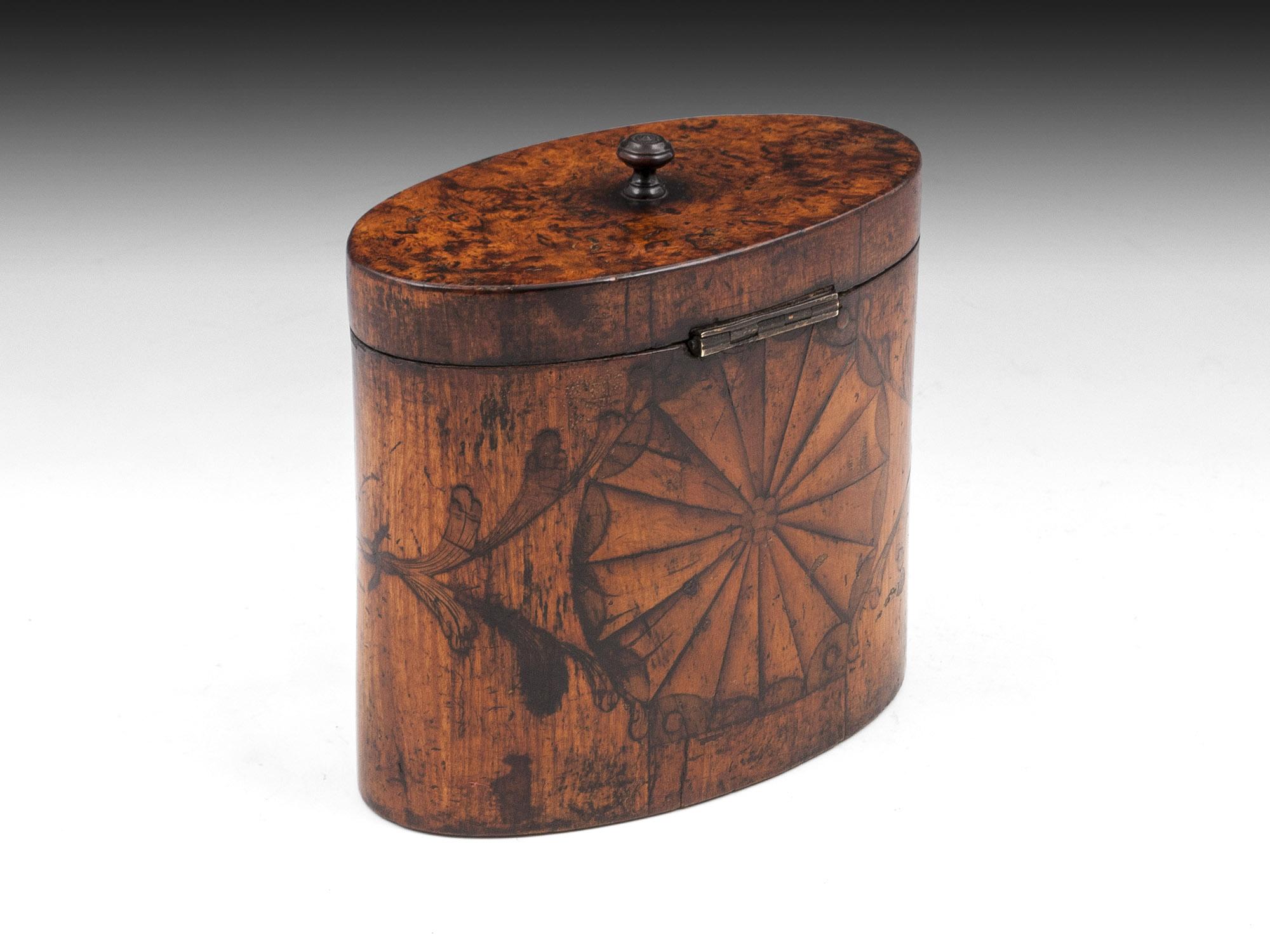 British Antique Oval Satinwood and Burr Elm Tea Caddy, 18th Century For Sale