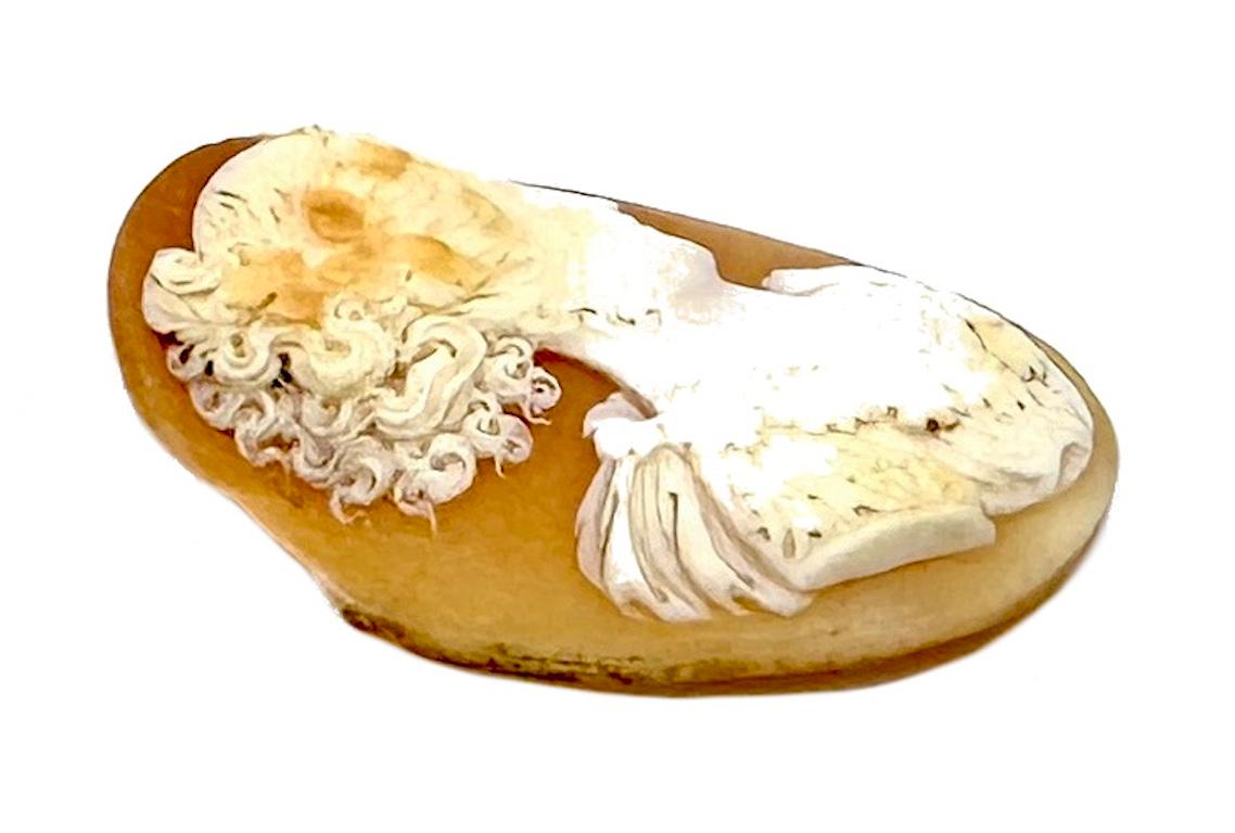 This unmounted cameo was hand carved out of shell in the last quarter of the 19th century. The face and the hairstyle are carved in Roman Revival manner, the classical beauty is depicted as a Baccante, a female follower of the god Bacchus. 
The