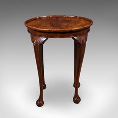 Antique Oval Side Table, English, Burr Walnut, Lamp, Wine, Pie Crust, Edwardian