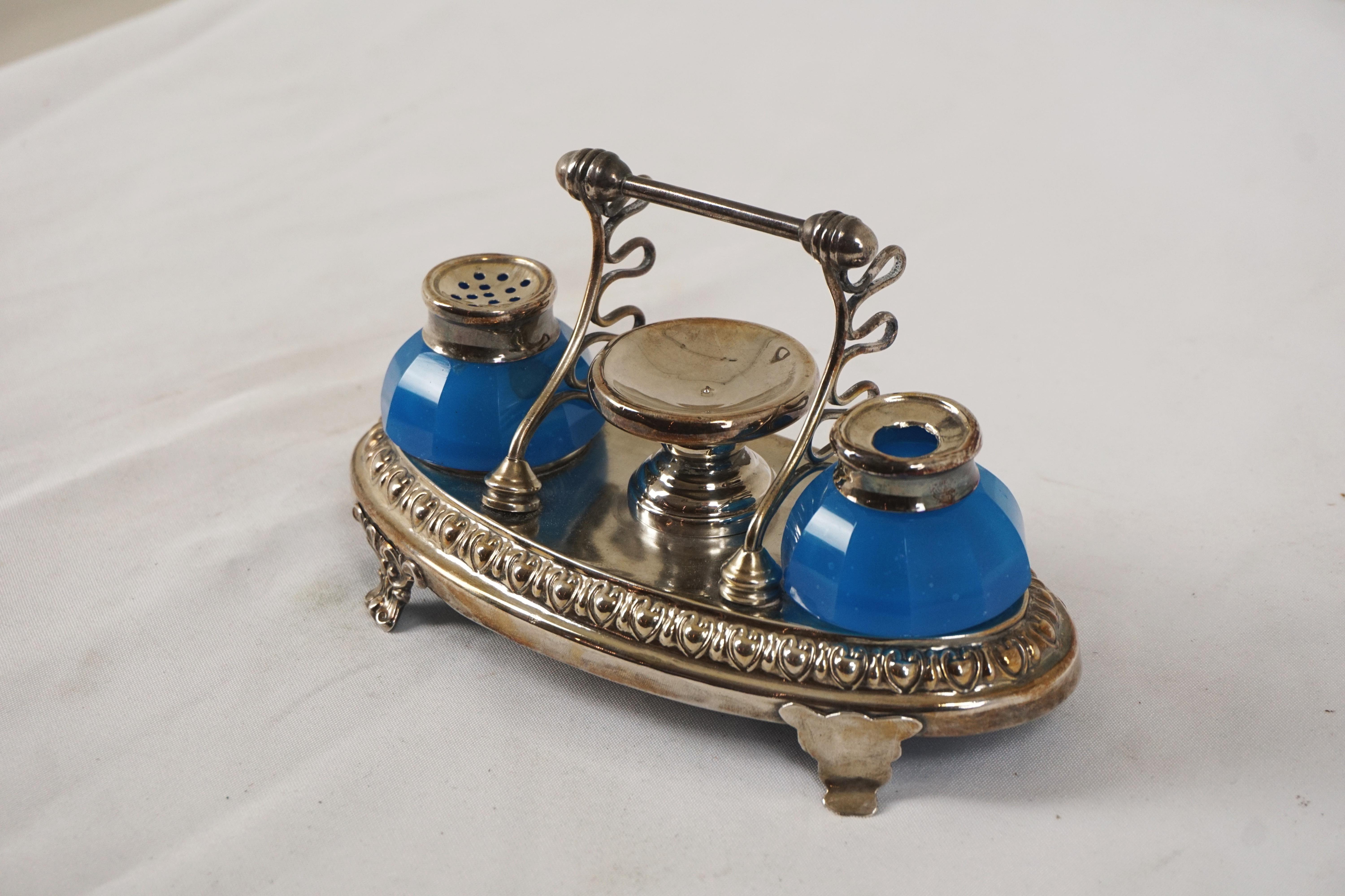 Scottish Antique Oval Silver Plated Double Inkstand, Scotland 1910, H549 For Sale