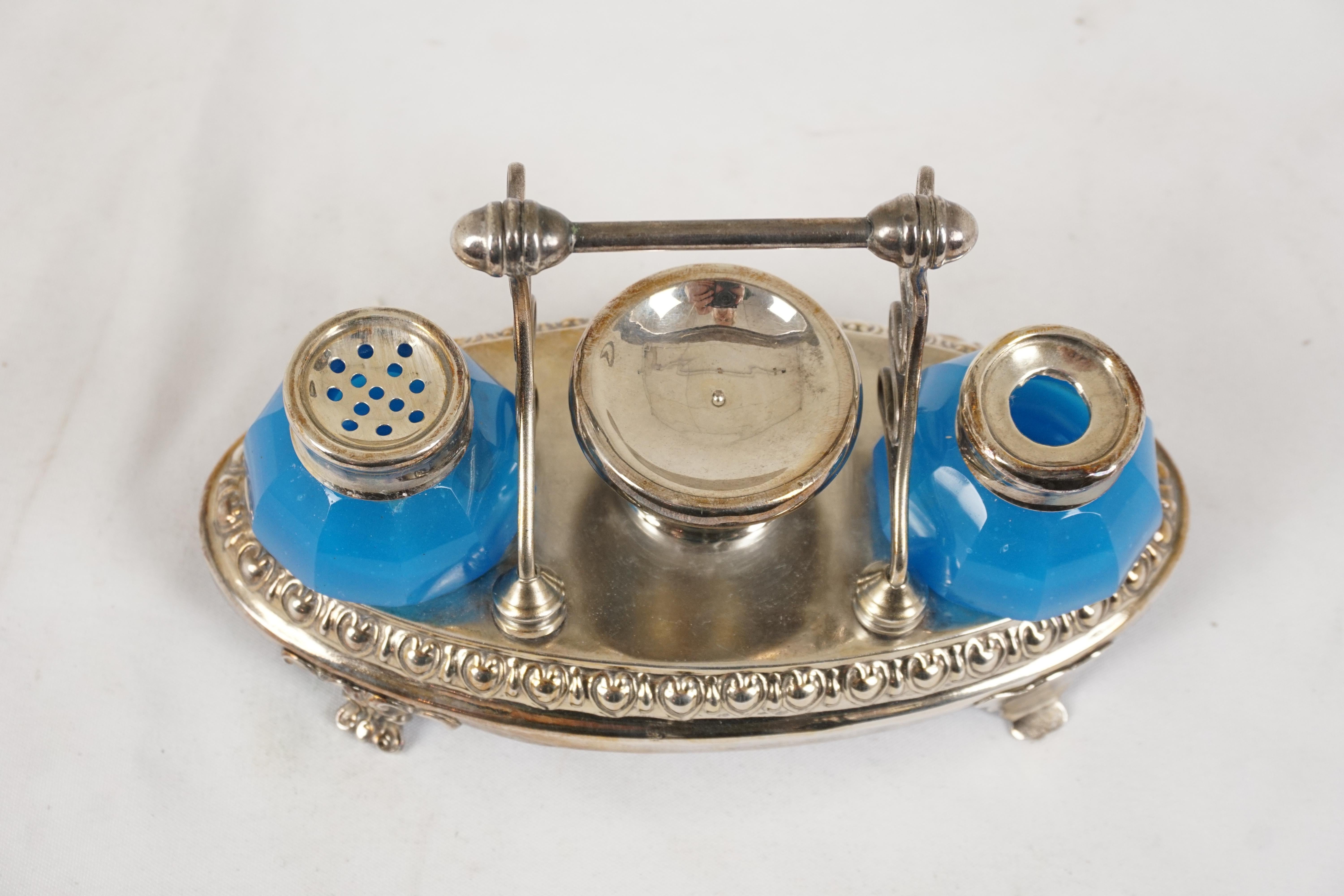 Hand-Crafted Antique Oval Silver Plated Double Inkstand, Scotland 1910, H549 For Sale