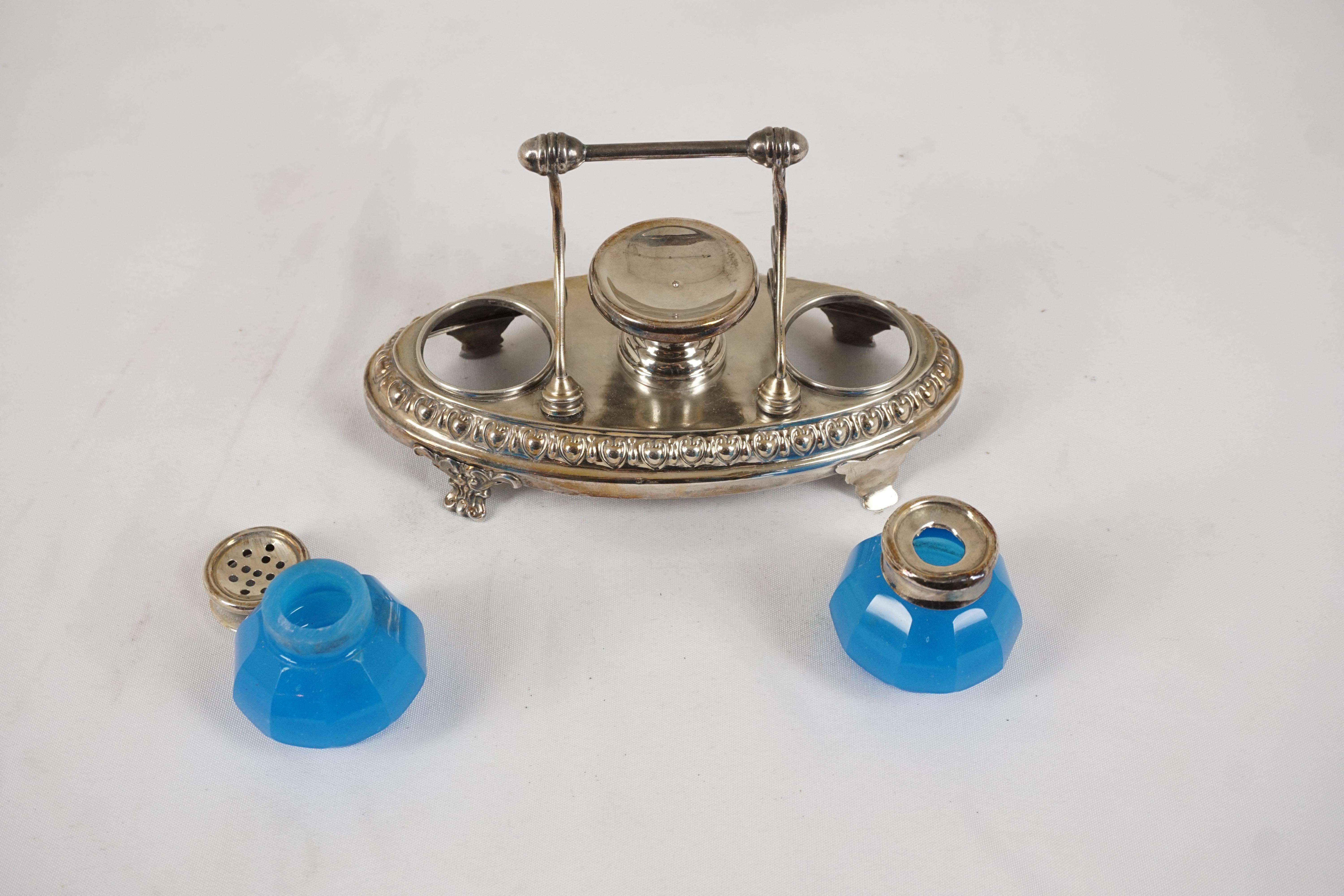 Antique Oval Silver Plated Double Inkstand, Scotland 1910, H549 In Good Condition For Sale In Vancouver, BC