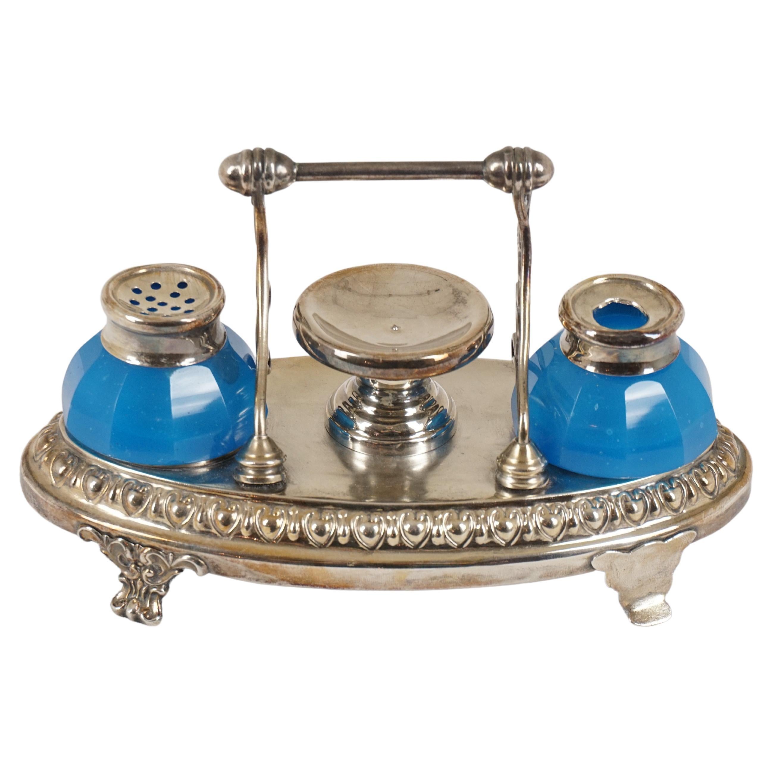 Antique Oval Silver Plated Double Inkstand, Scotland 1910, H549 For Sale