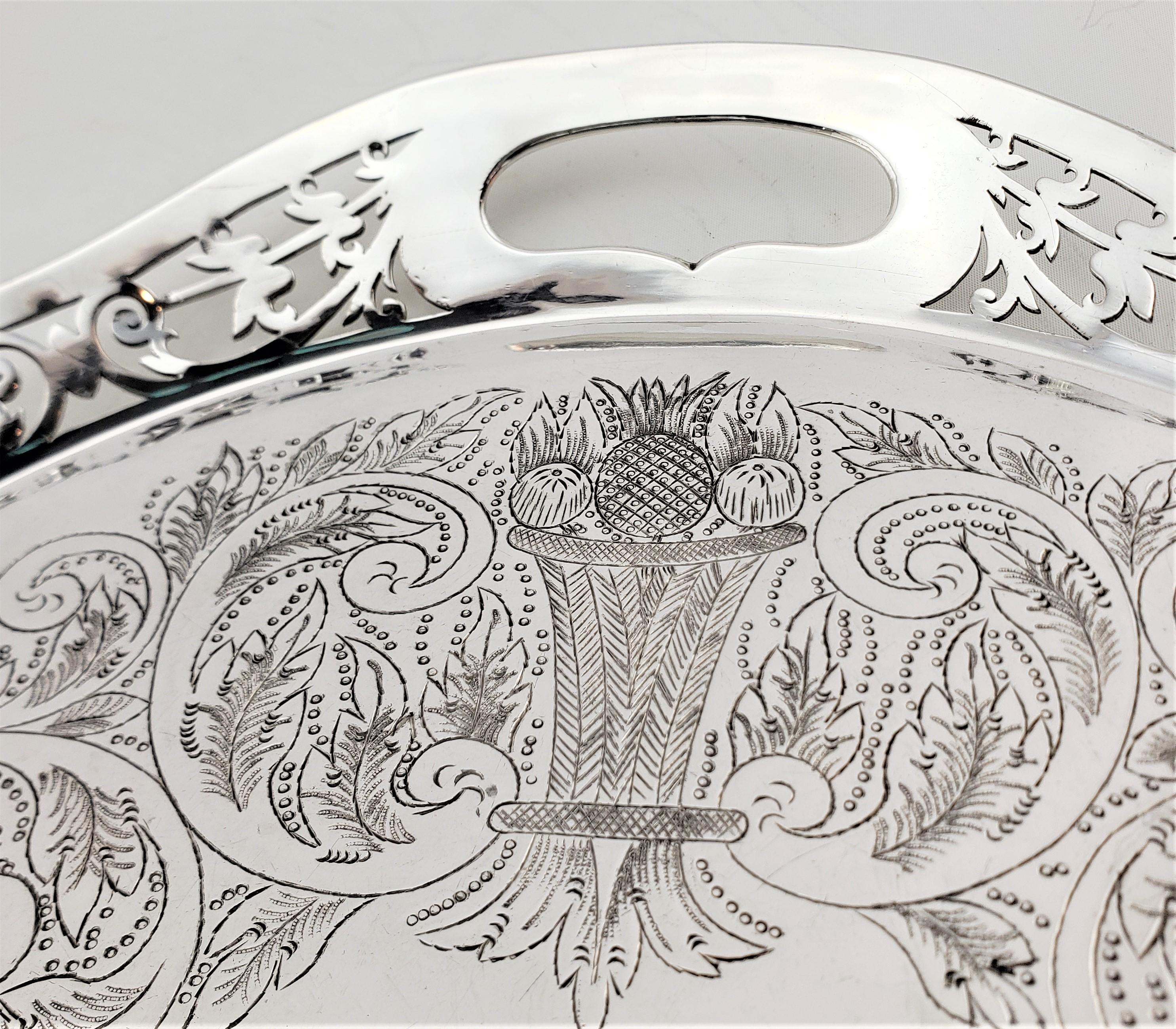 Antique Oval Silver Plated Gallery Serving Tray with Pierced Floral Decoration For Sale 3