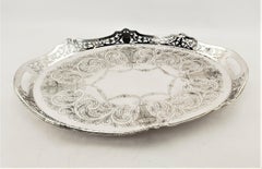 Antique Oval Silver Plated Gallery Serving Tray with Pierced Floral Decoration