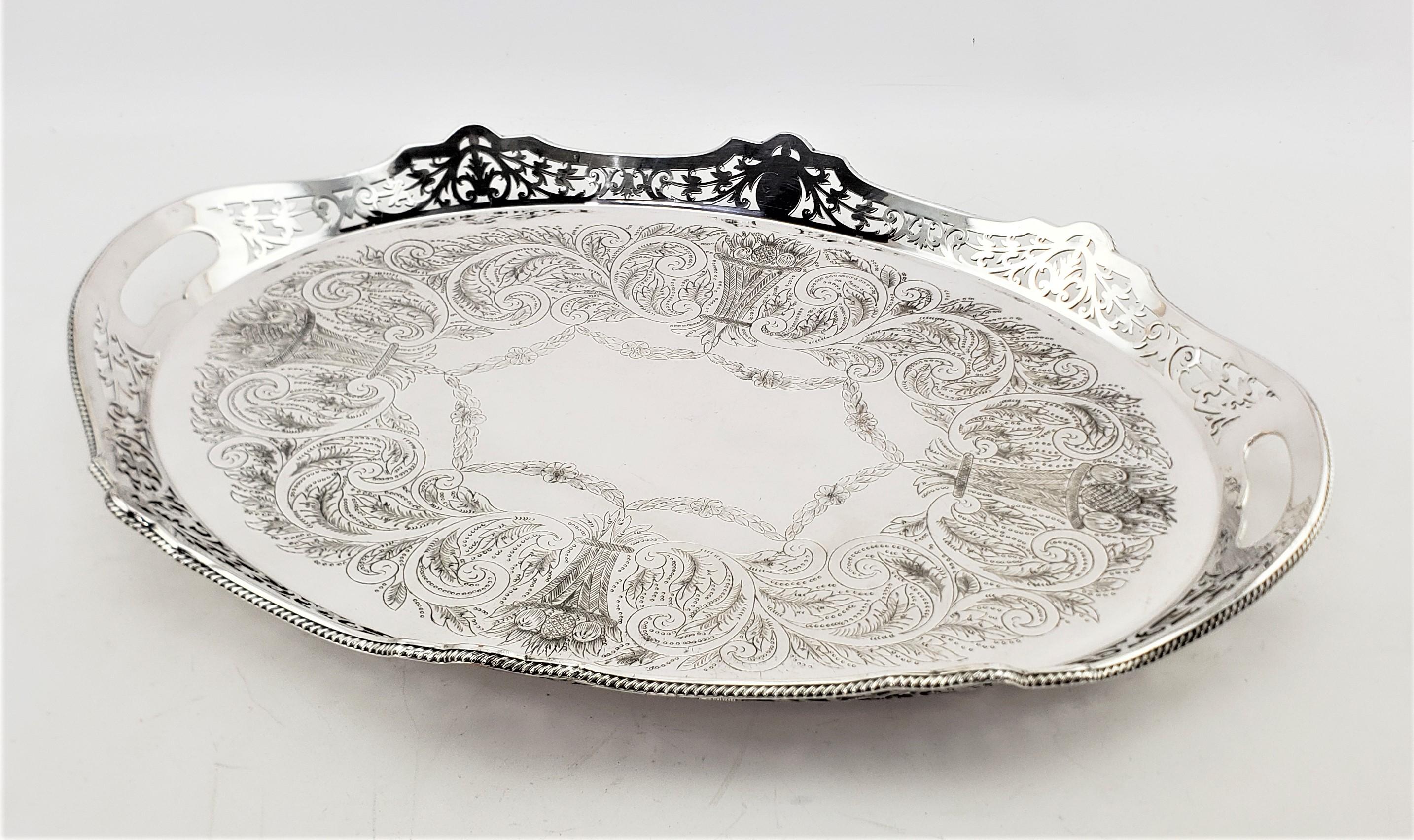 Victorian Antique Oval Silver Plated Gallery Serving Tray with Pierced Floral Decoration For Sale