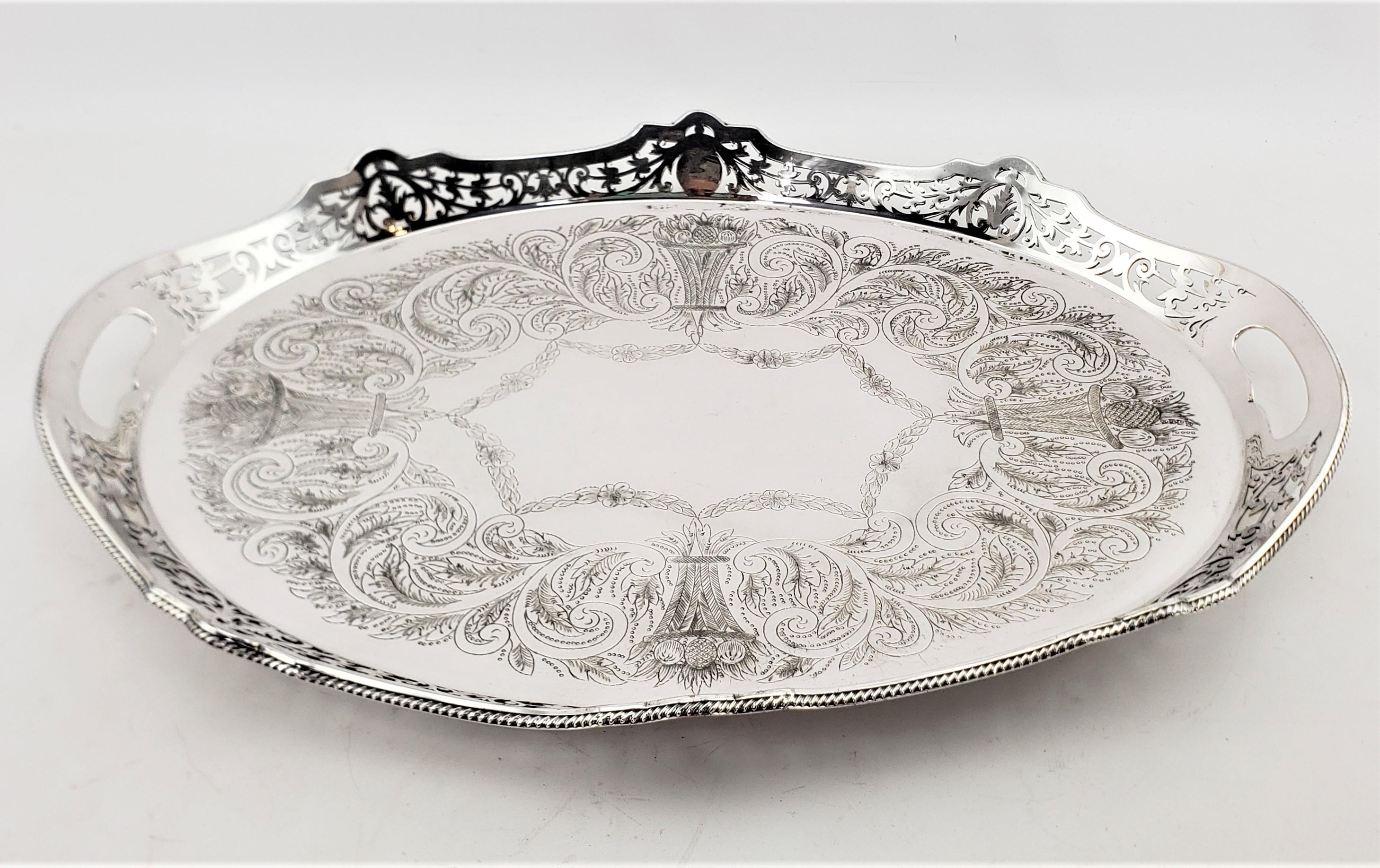 English Antique Oval Silver Plated Gallery Serving Tray with Pierced Floral Decoration For Sale