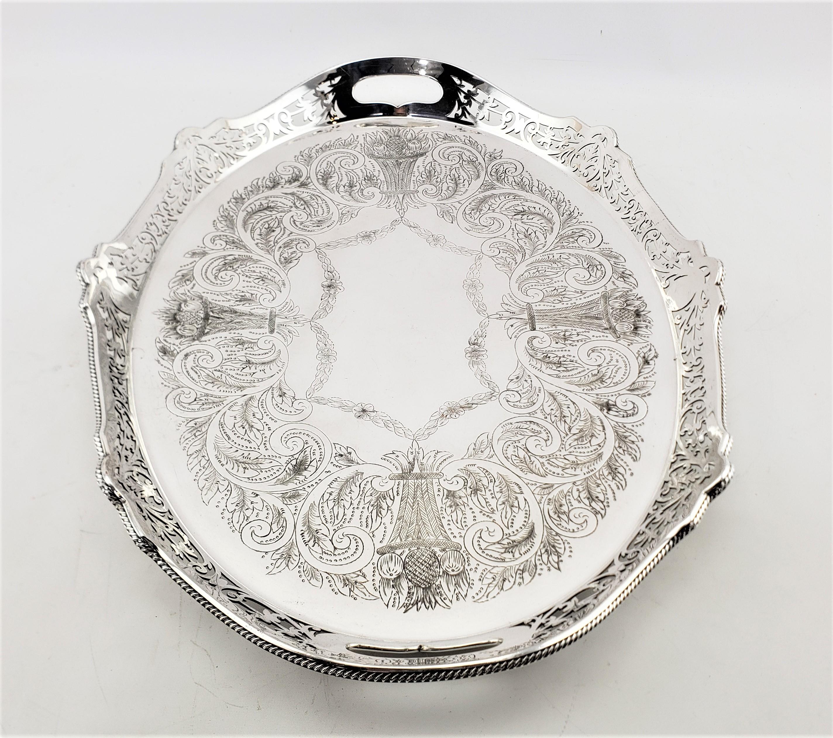 Machine-Made Antique Oval Silver Plated Gallery Serving Tray with Pierced Floral Decoration For Sale
