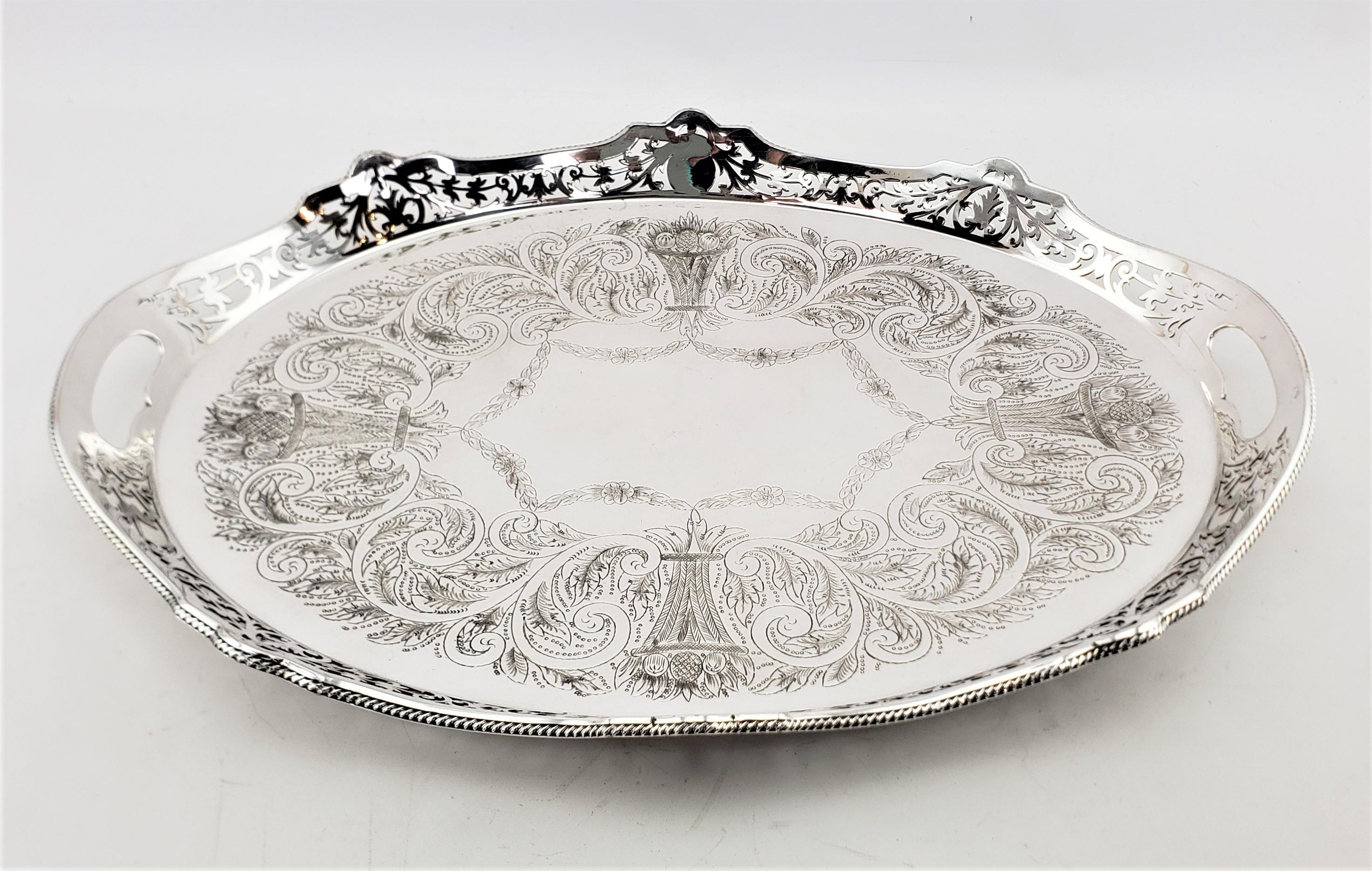 Antique Oval Silver Plated Gallery Serving Tray with Pierced Floral Decoration In Good Condition For Sale In Hamilton, Ontario