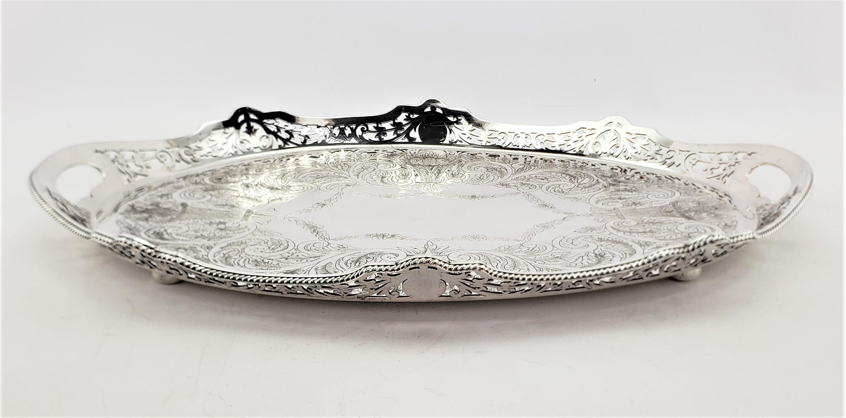 20th Century Antique Oval Silver Plated Gallery Serving Tray with Pierced Floral Decoration For Sale