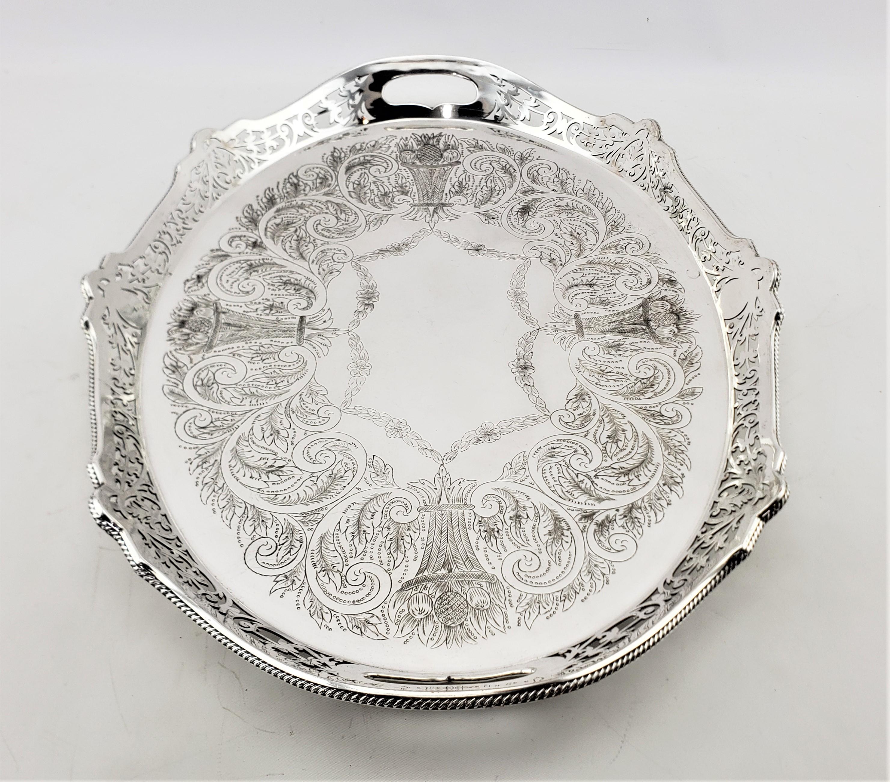 Antique Oval Silver Plated Gallery Serving Tray with Pierced Floral Decoration For Sale 1