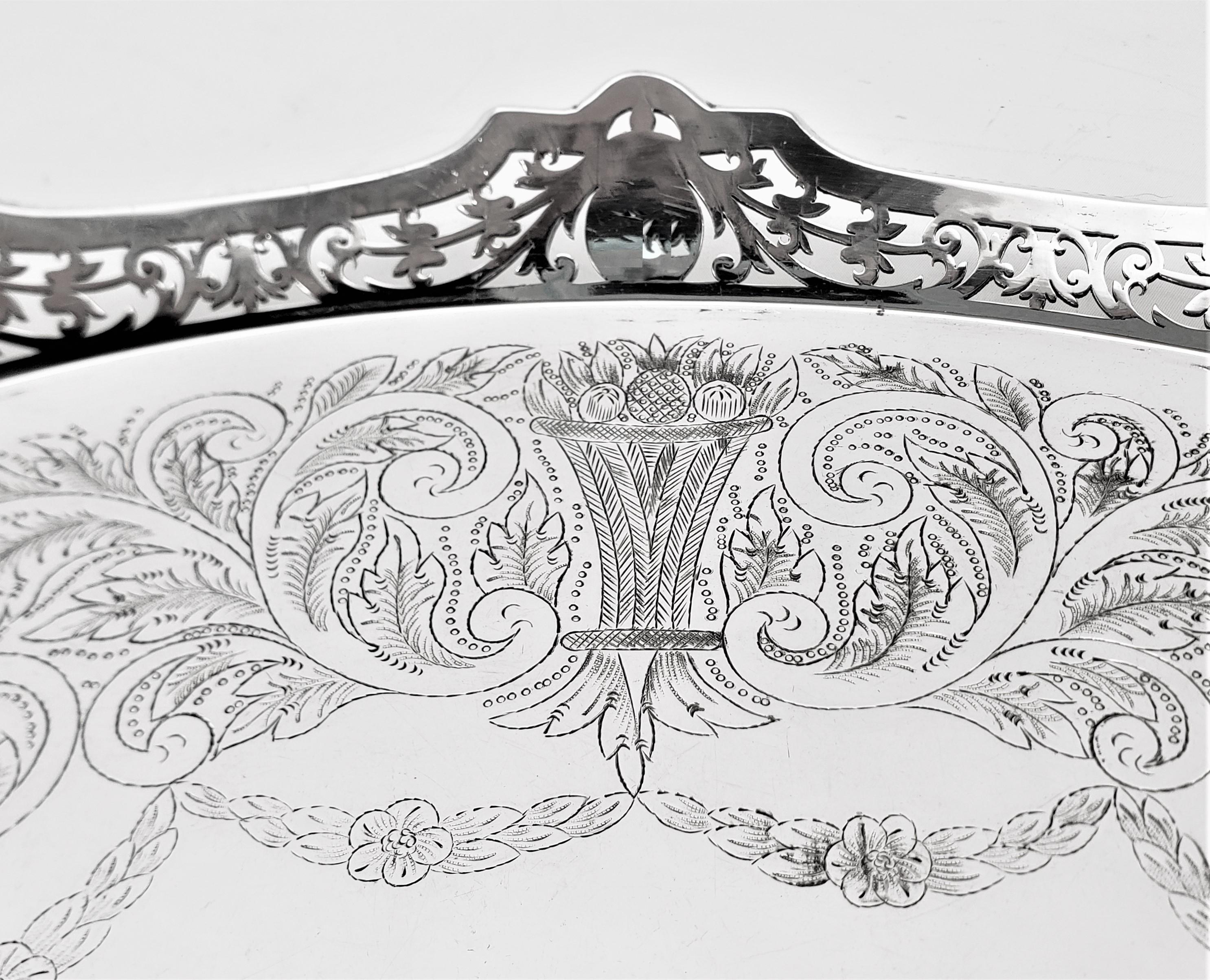 Antique Oval Silver Plated Gallery Serving Tray with Pierced Floral Decoration For Sale 2