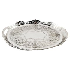 Antique Oval Silver Plated Gallery Serving Tray with Pierced Floral Decoration