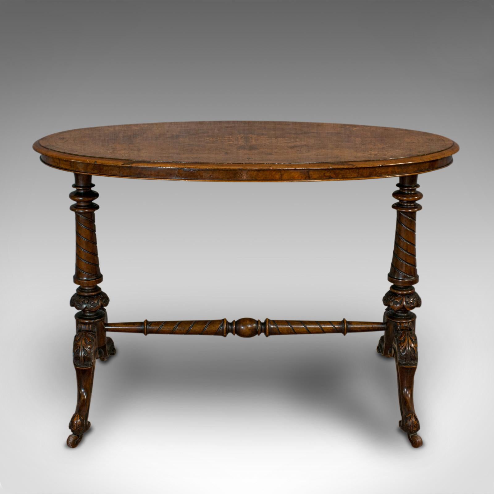 British Antique Oval Table, English, Burr Walnut, Centre, Side, Victorian, circa 1870 For Sale