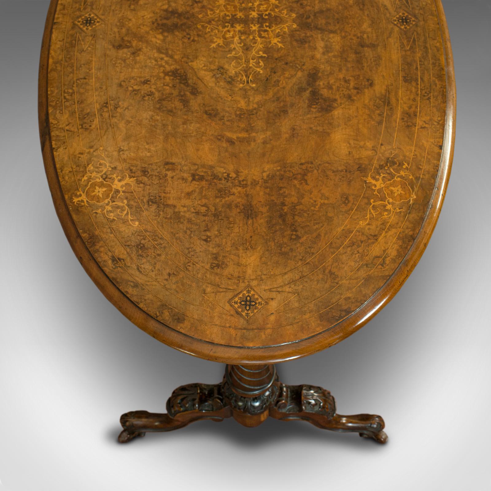 Antiker ovaler Tisch, Englisch, Wurzelnussbaum, Mitte, Seite, viktorianisch, um 1870 im Angebot 1
