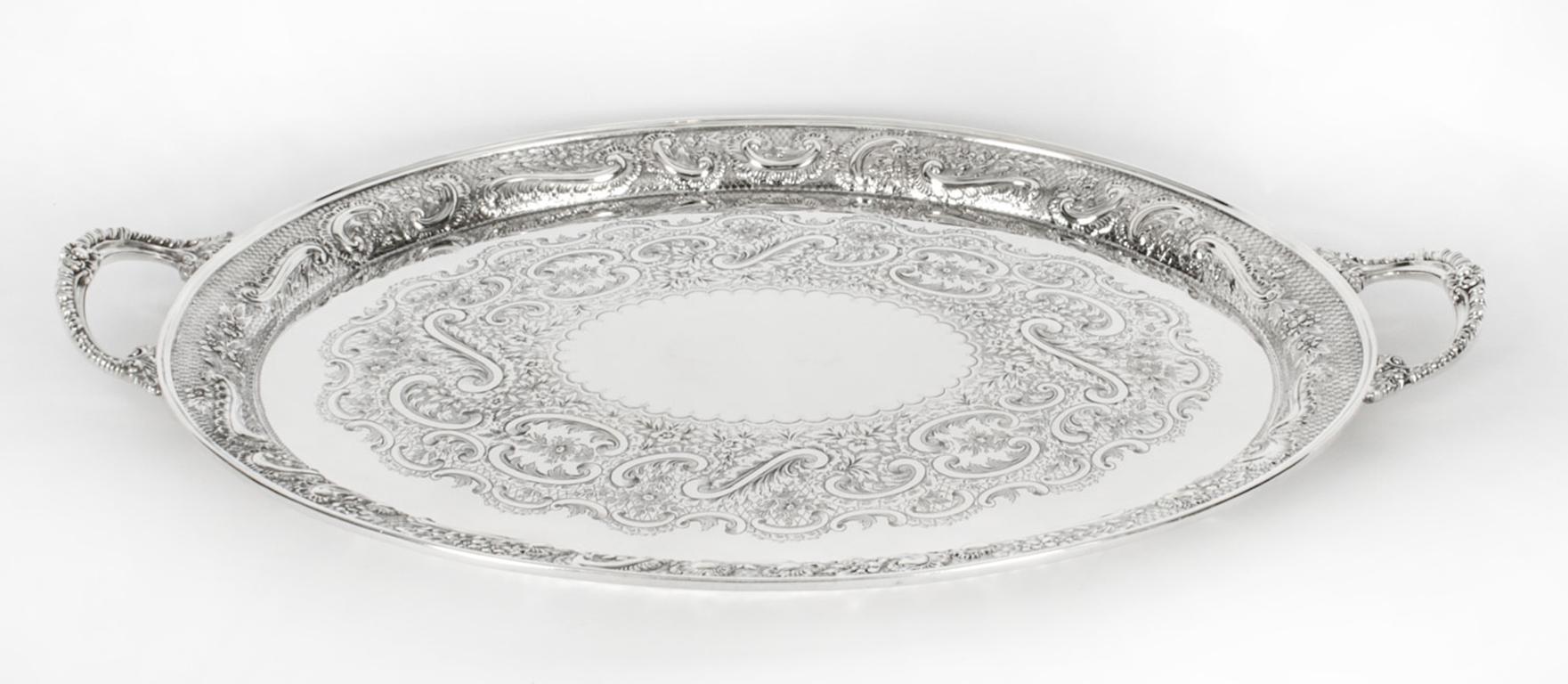 Antique Oval Victorian Silver Plated Tray by Mappin & Webb, 19th Century 12